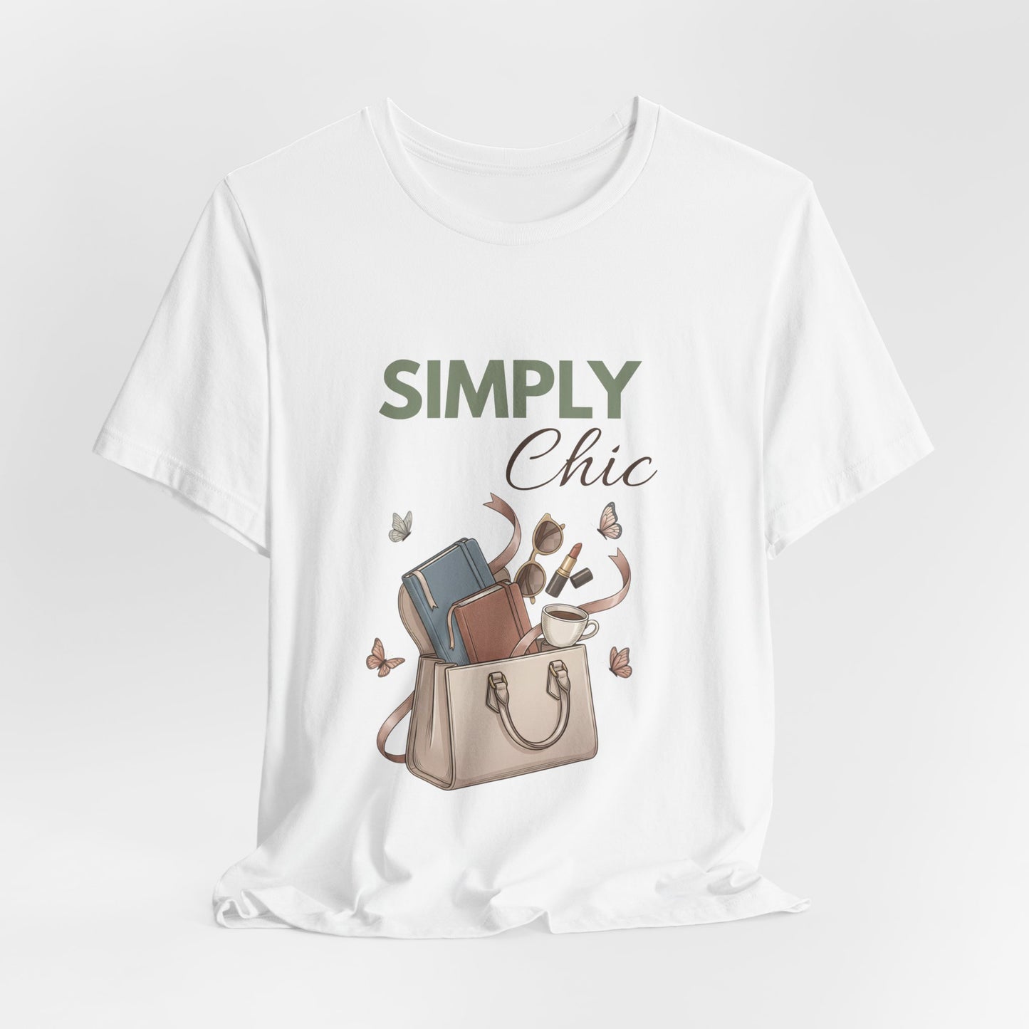 A hanging white t-shirt with 'SIMPLY Chic' on the front.