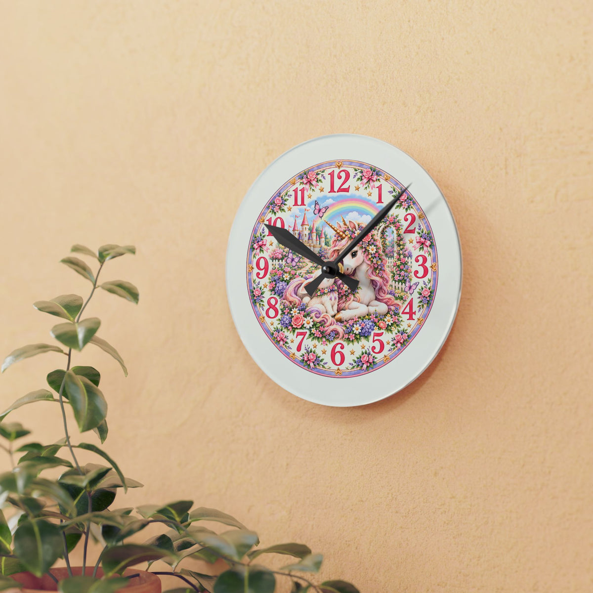 Floral Unicorn Acrylic Wall Clock