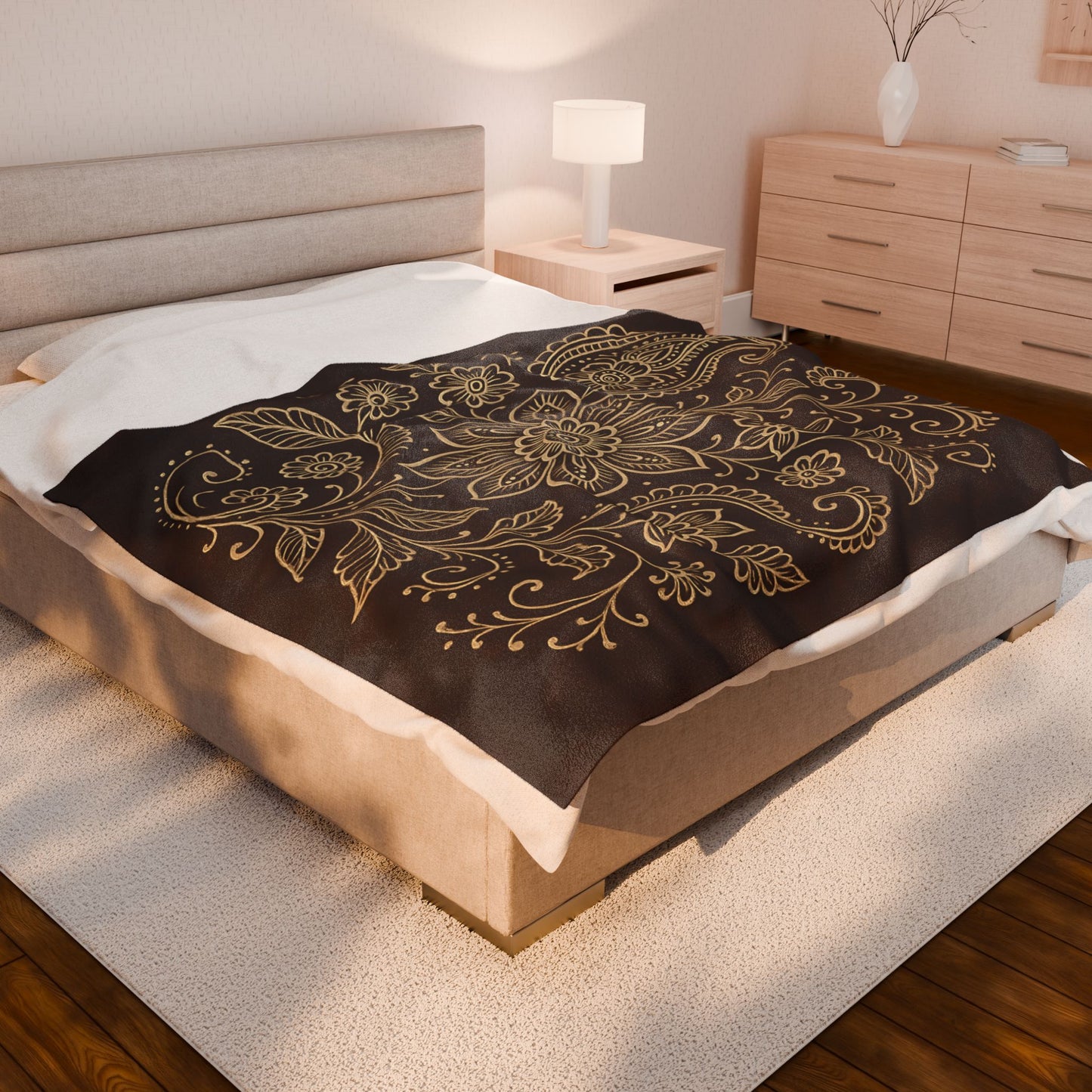 Elegant Boho Floral Paisley Velveteen Plush Blanket – Dark Brown & Cream