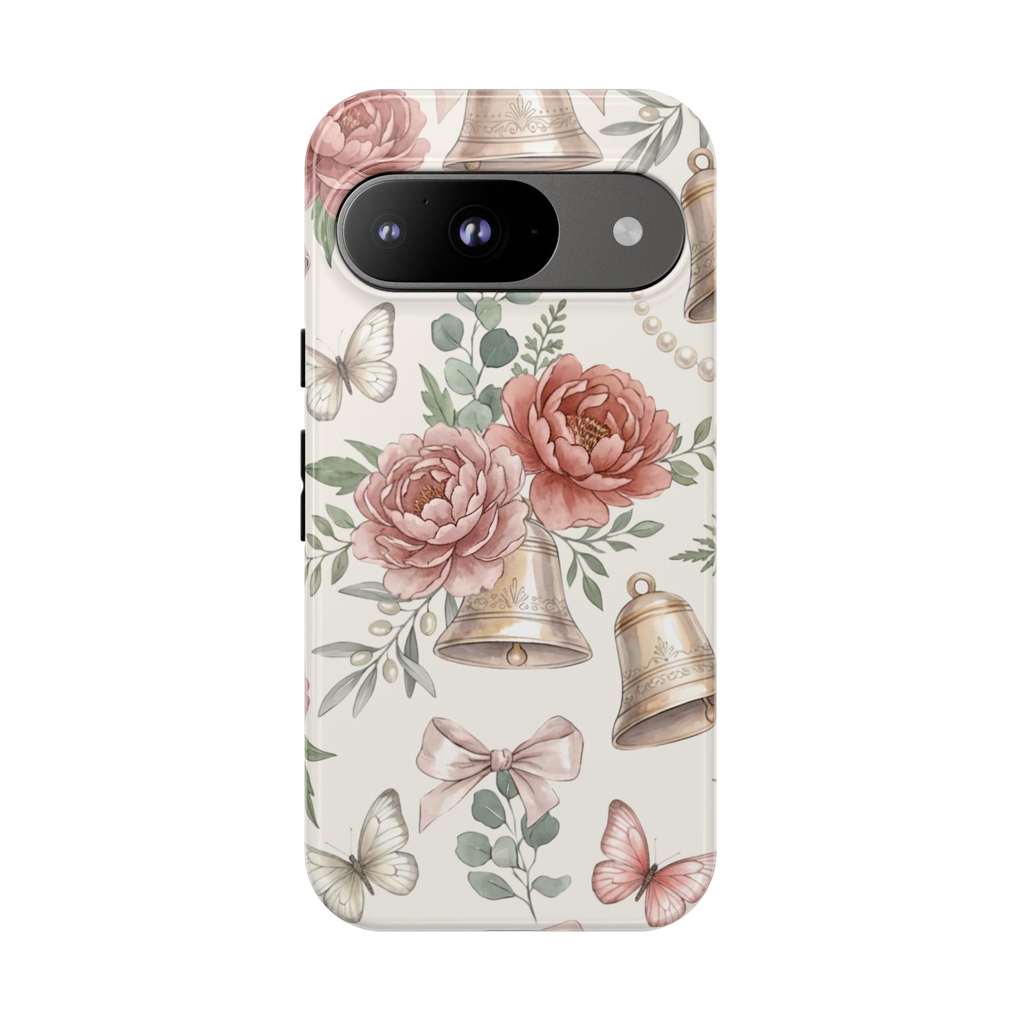 Floral Wedding Bells Phone Case — Vintage Roses, Butterflies & Bow Protective Tough Case