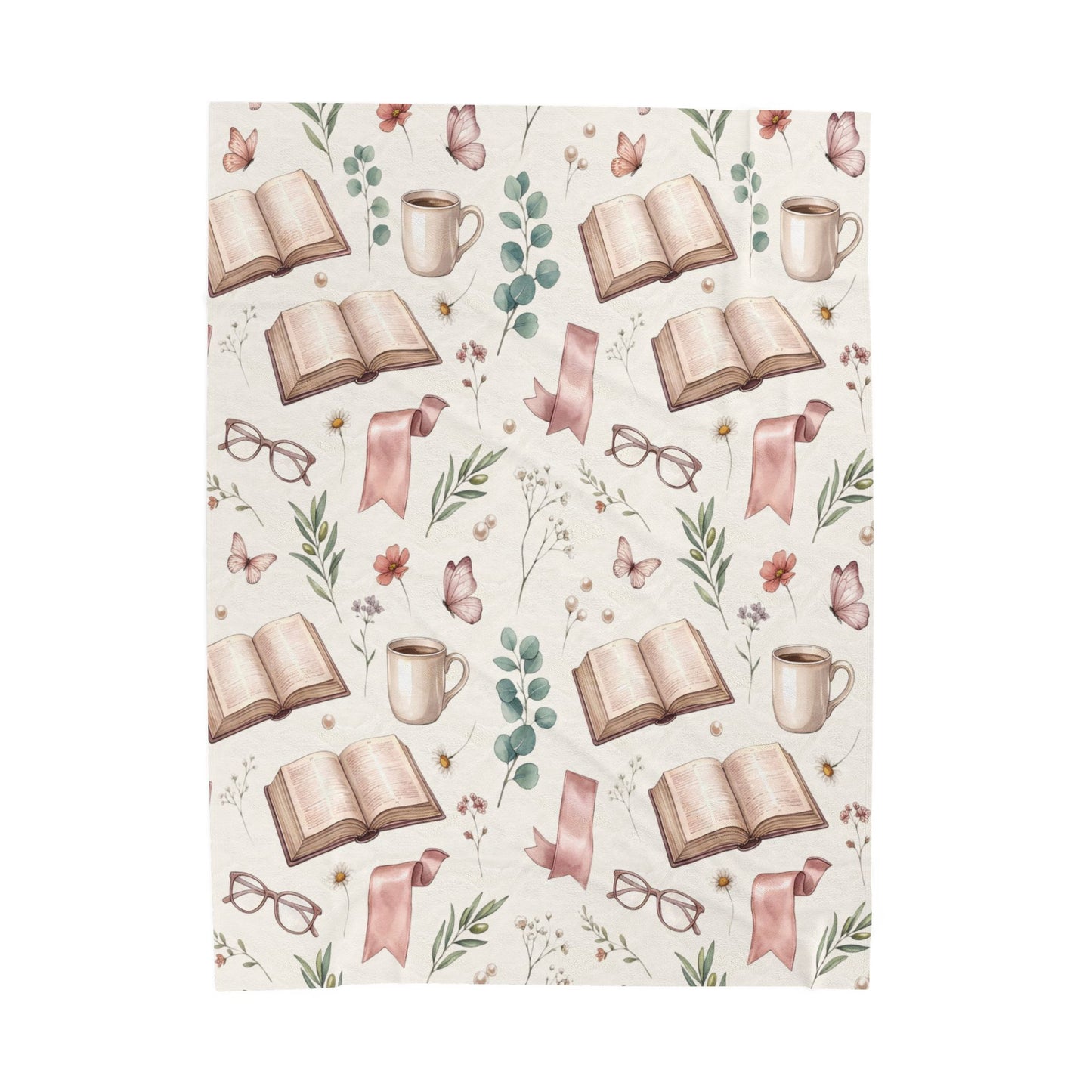 Cozy Reading Velveteen Blanket – Book, Mug & Floral Pattern Plush Throw