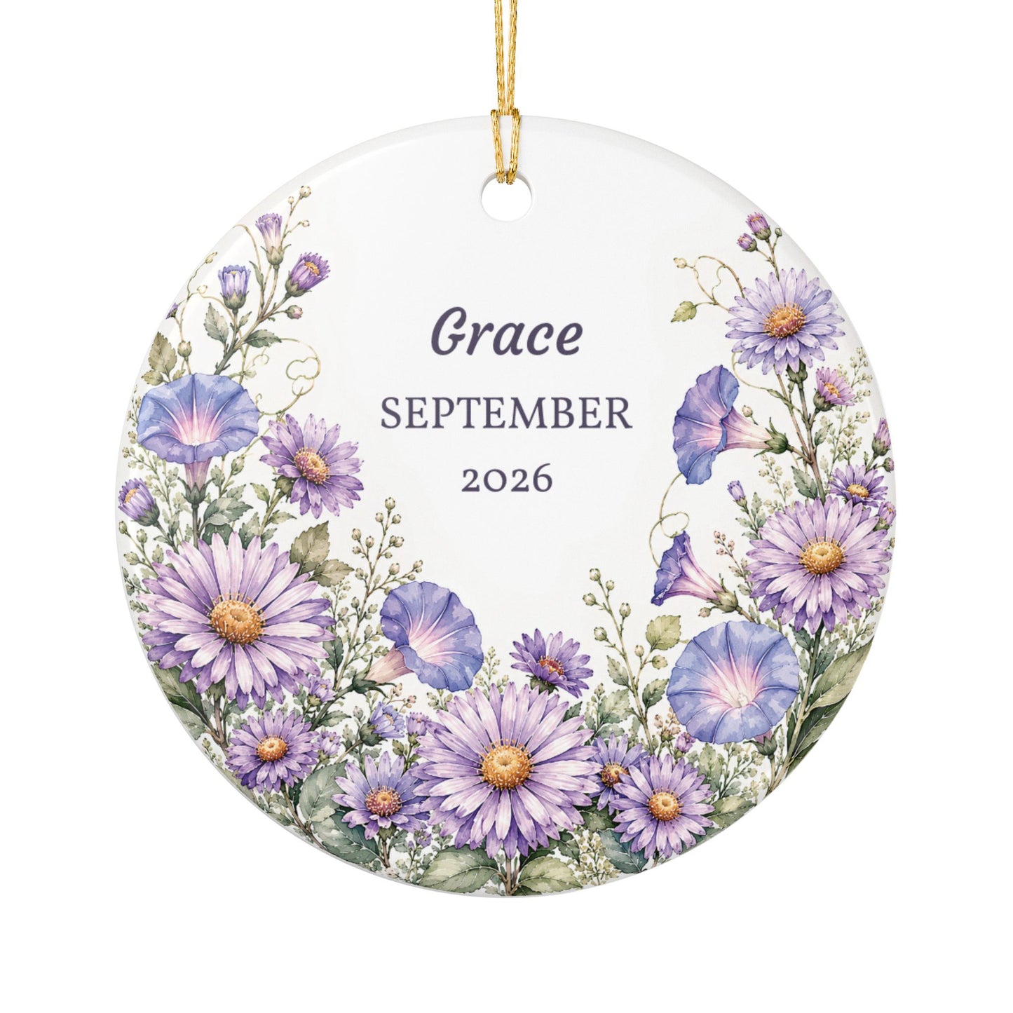 Personalized Ceramic Ornament — Purple Daisy Floral Birth/Memory Keepsake