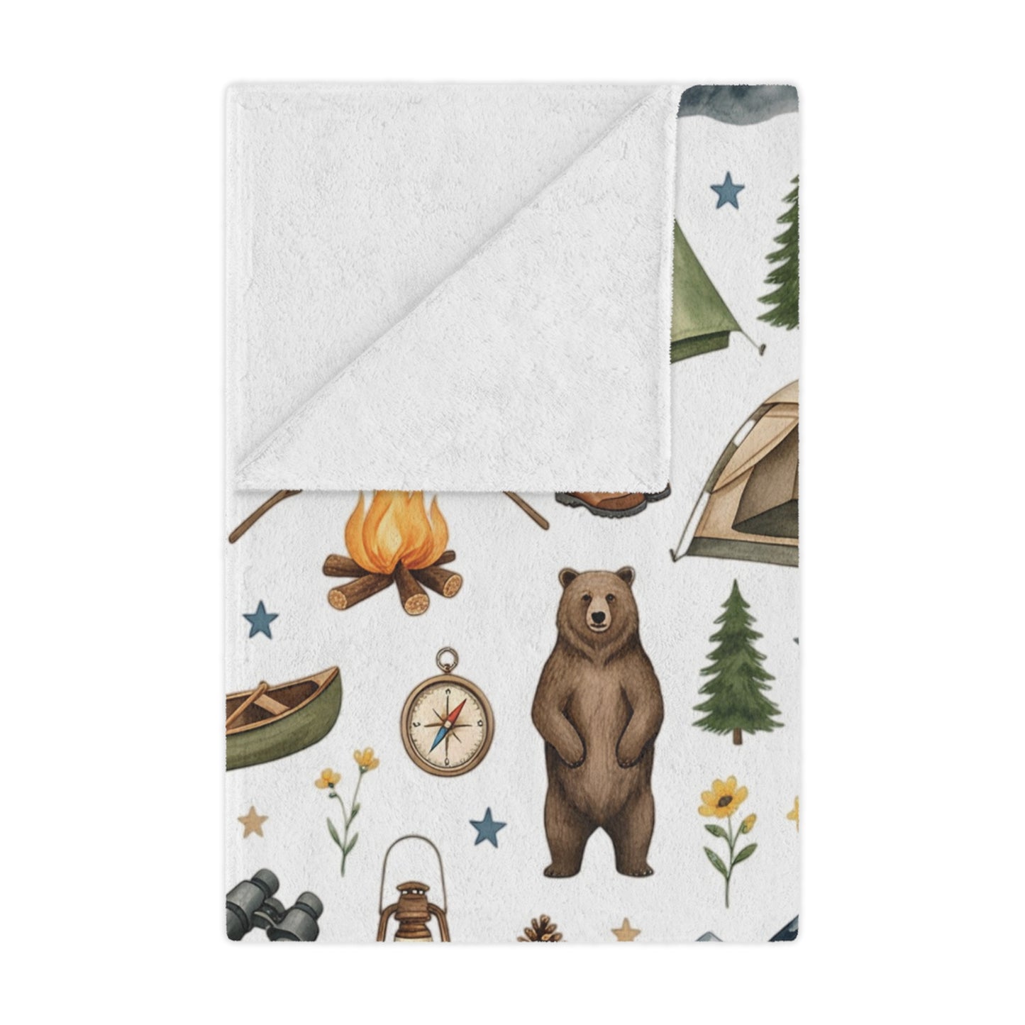Camping Pattern Minky Blanket — Cozy Outdoor Adventure Throw with Tents, Campfire & Wildlife