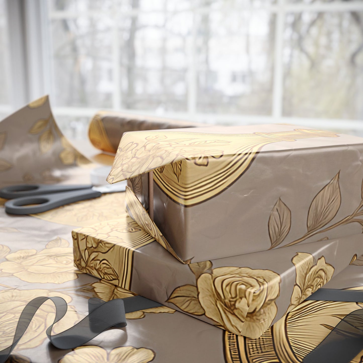 Vintage Perfume Bottle Wrapping Paper – Elegant Gold Floral Gift Wrap in Glossy or Matte