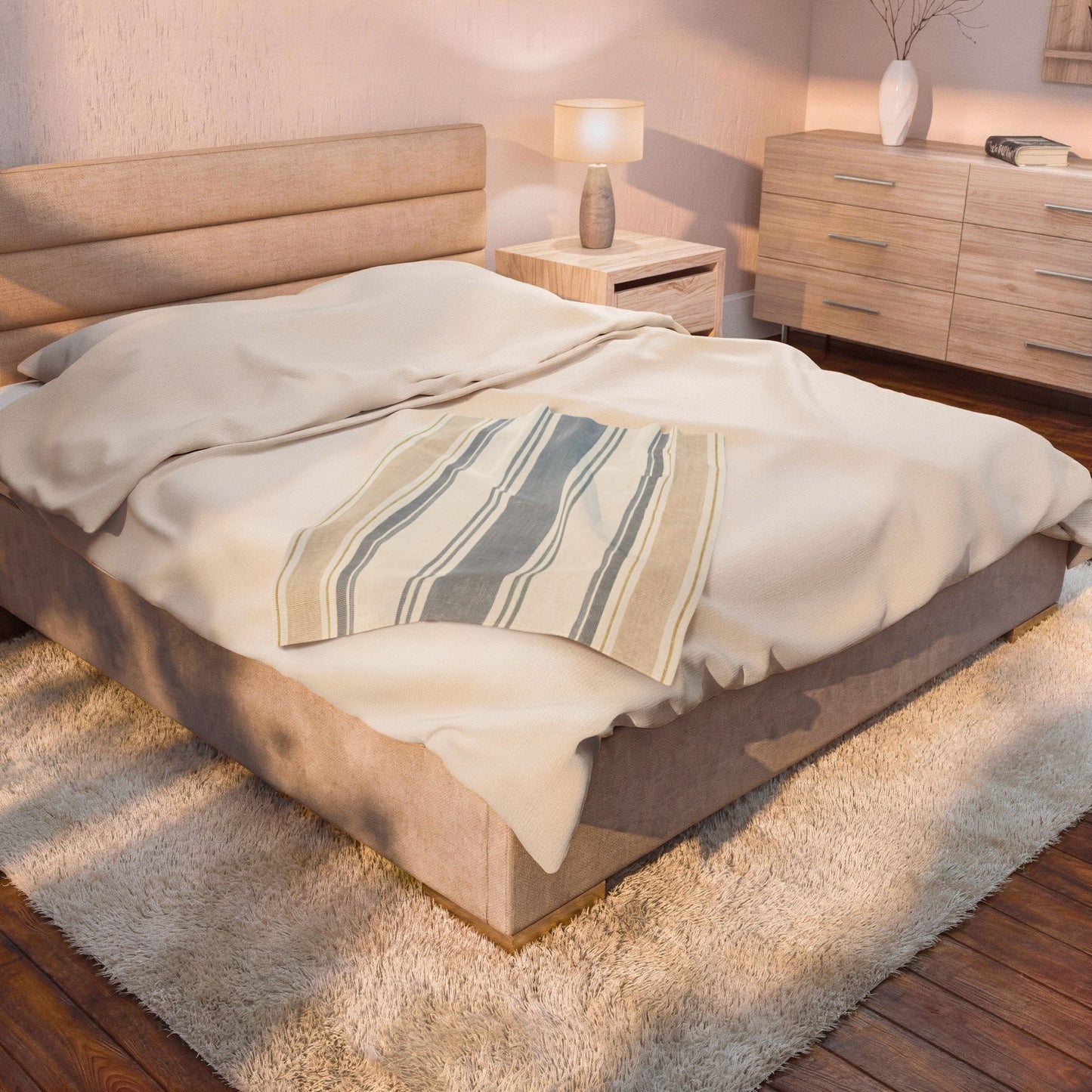 Striped Velveteen Plush Blanket — Cozy Blue & Beige Throw for Living Room or Beach