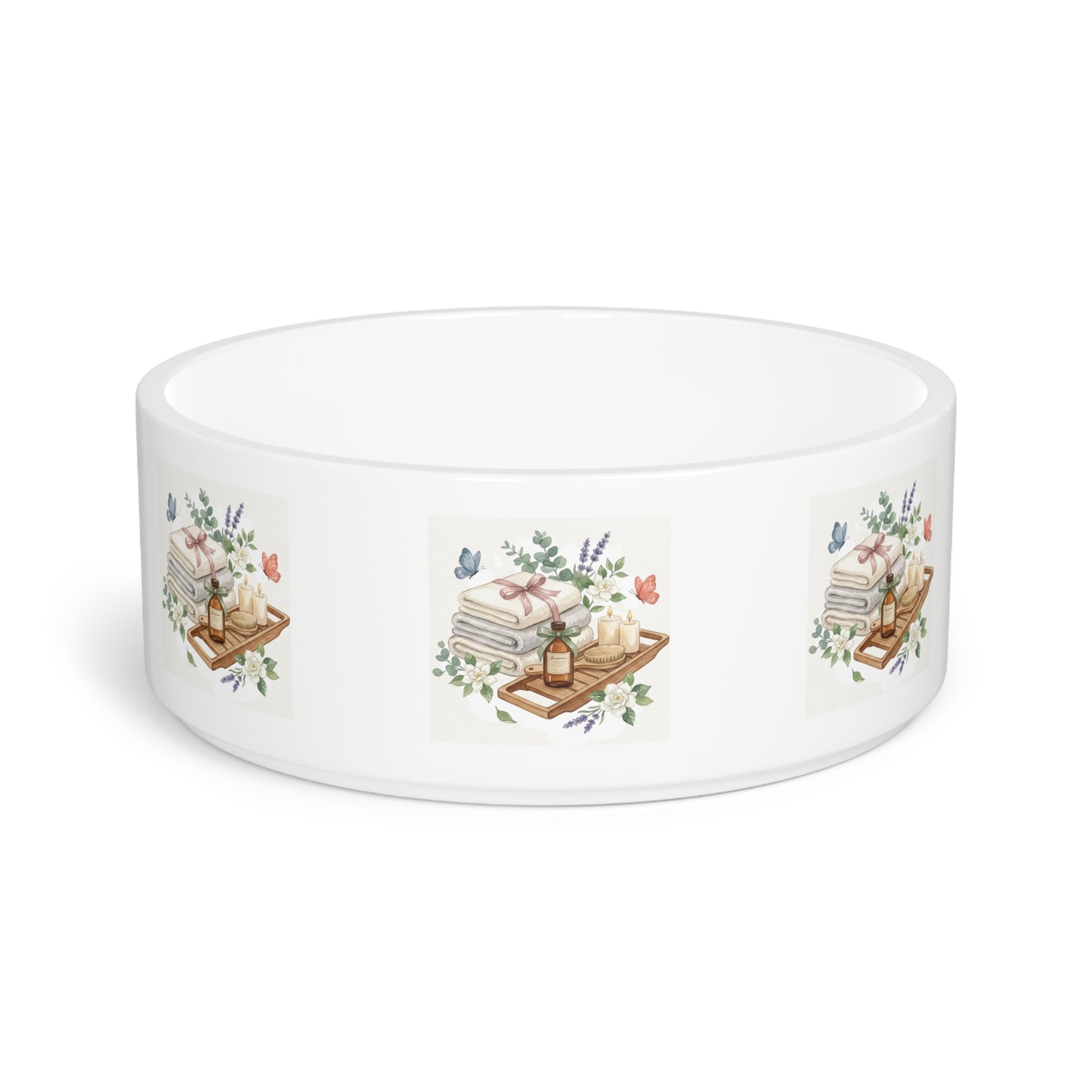Spa Day Ceramic Pet Bowl – Botanical Dog Bowl – Watercolor Pet Feeding Bowl – Cozy Pet Dish for Dogs