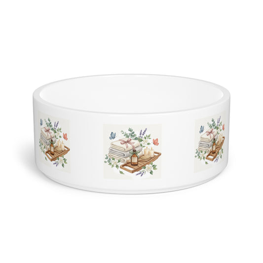 Spa Day Ceramic Pet Bowl – Botanical Dog Bowl – Watercolor Pet Feeding Bowl – Cozy Pet Dish for Dogs