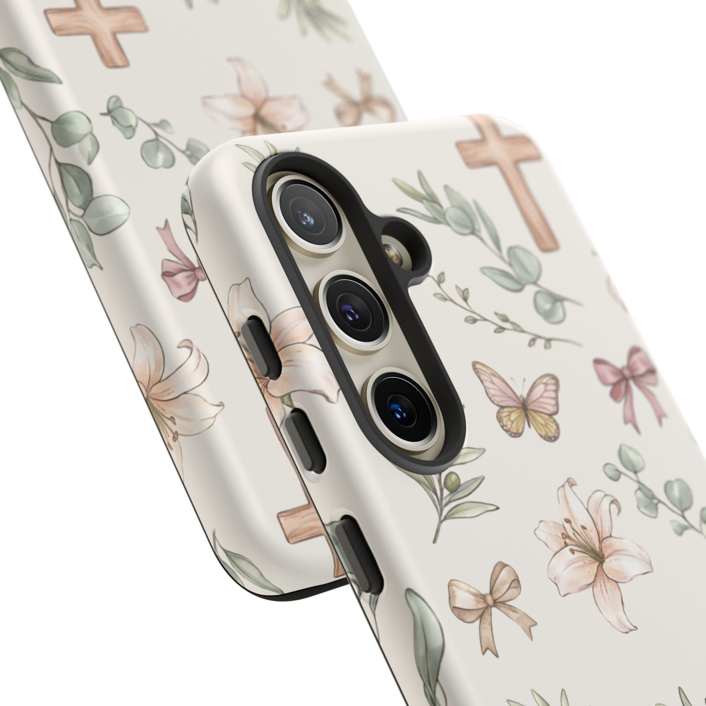 Floral Cross Tough Phone Case — Pastel Butterflies & Bows Christian Design
