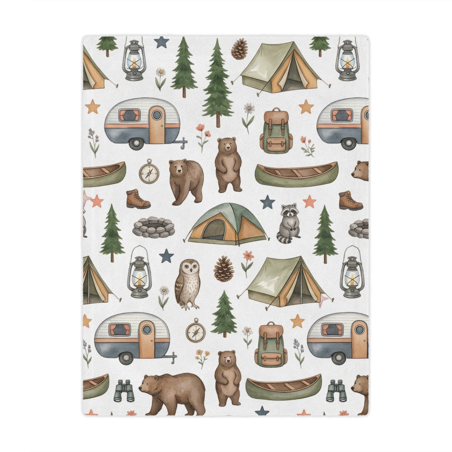 Camping Pattern Minky Blanket — Cozy Outdoor Adventure Throw with Tents, Campfire & Wildlife