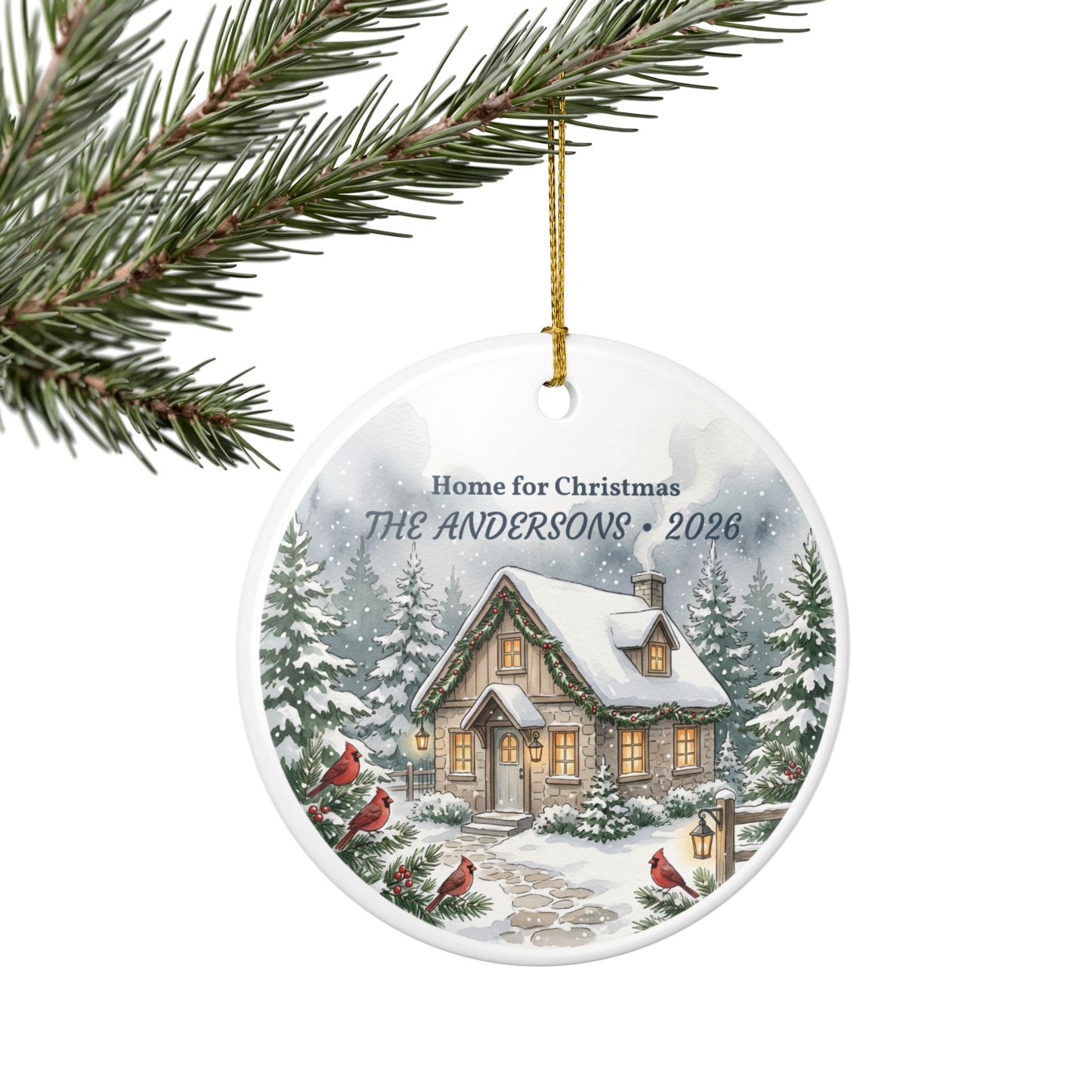 Personalized Ceramic Christmas Ornament - 'Home for Christmas' Snowy Cottage, Family Name & Year