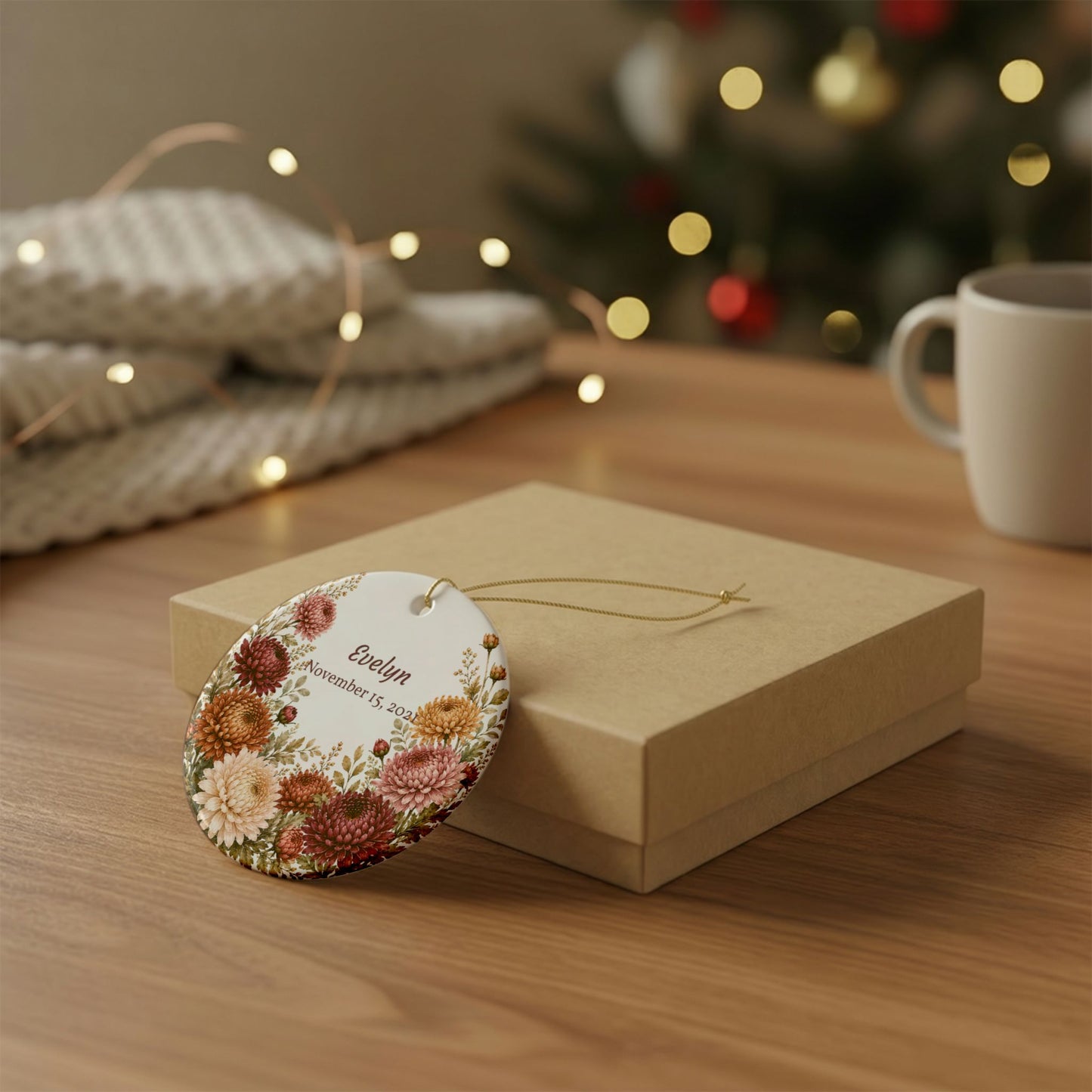 Personalized Floral Ceramic Ornament — Custom Name & Date Autumn Chrysanthemums