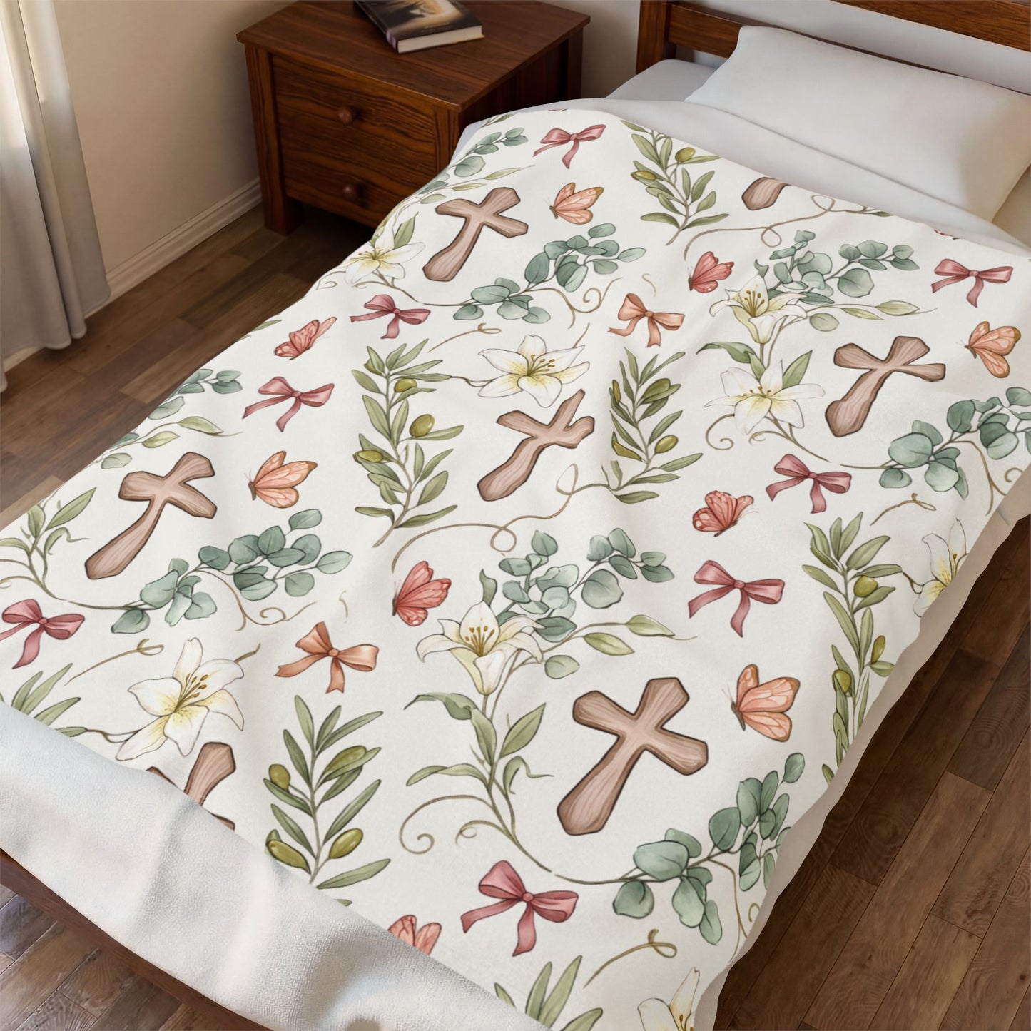 Religious Floral Cross Velveteen Plush Blanket — Soft Christian Comfort Throw
