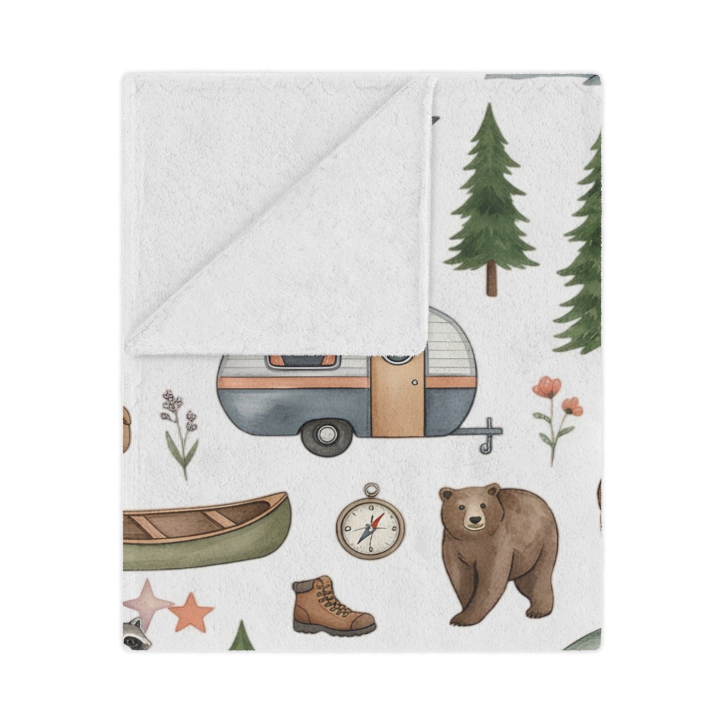 Camping Pattern Minky Blanket — Cozy Outdoor Adventure Throw with Tents, Campfire & Wildlife
