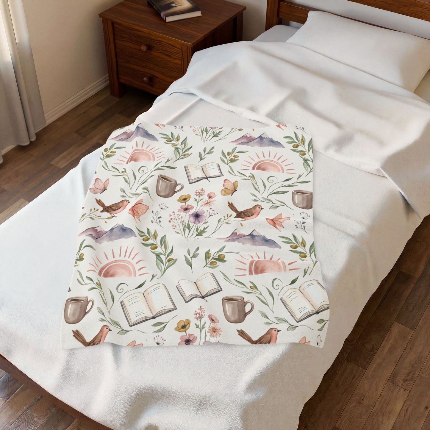 Cozy Bookish Floral Velvet Plush Blanket — Sun, Mountains & Tea Pattern