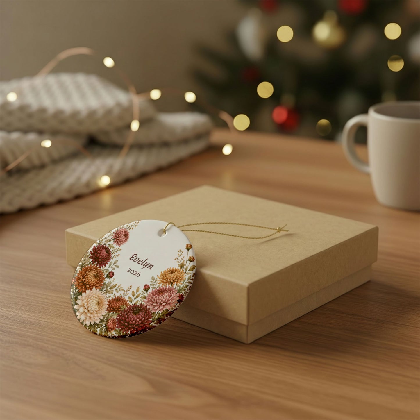 Personalized Floral Ceramic Ornament — Custom Name & Year (Evelyn 2026)