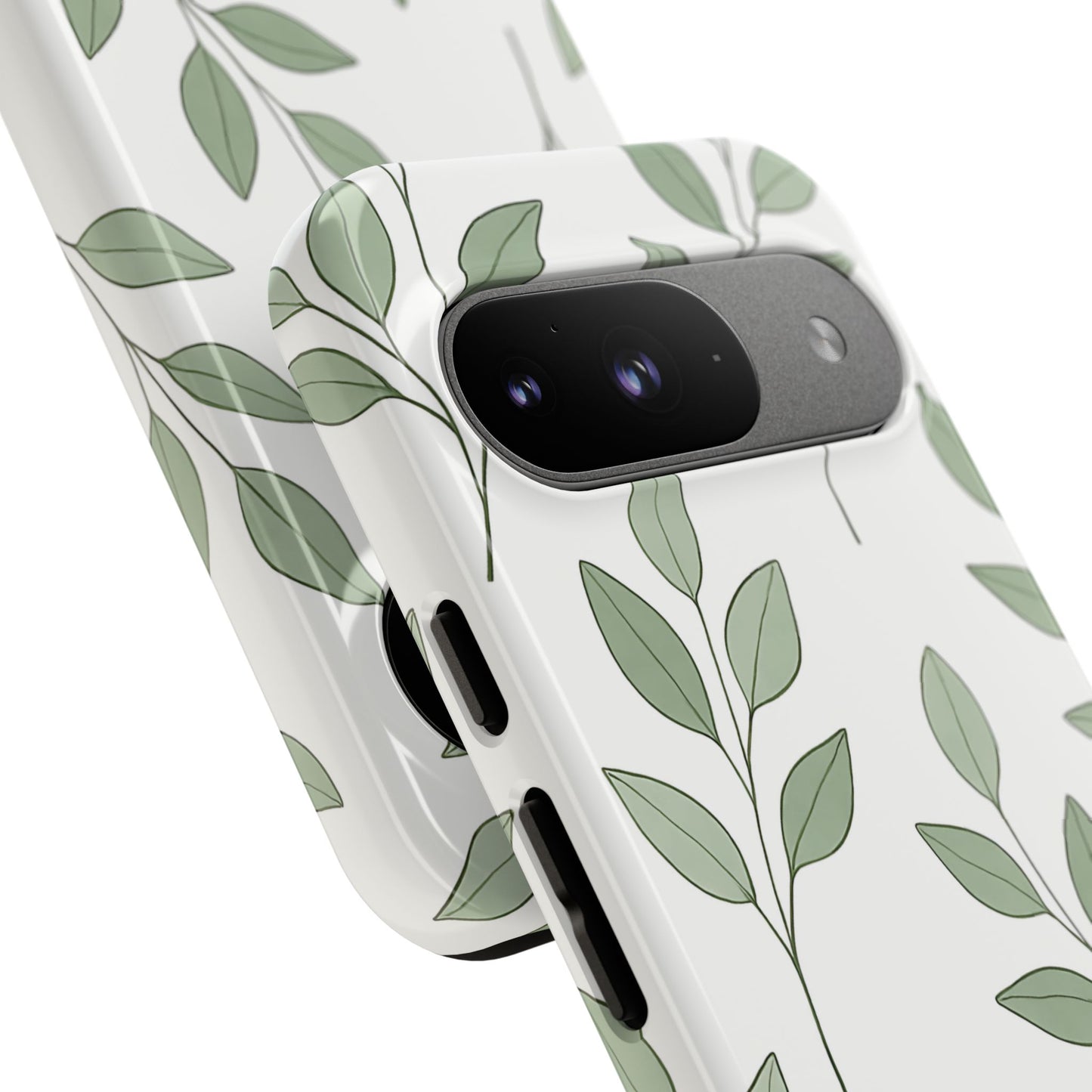 Minimalist Green Leaf Phone Case – Elegant Botanical Pattern on White