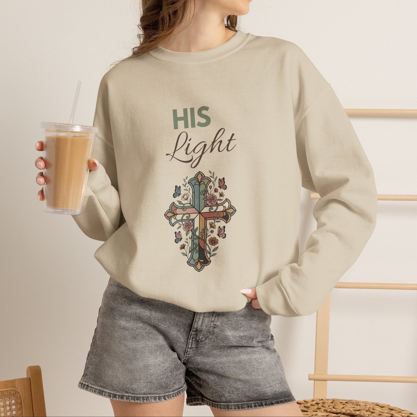 His Light Crewneck Sweatshirt — Floral Cross Christian Graphic Sweatshirt