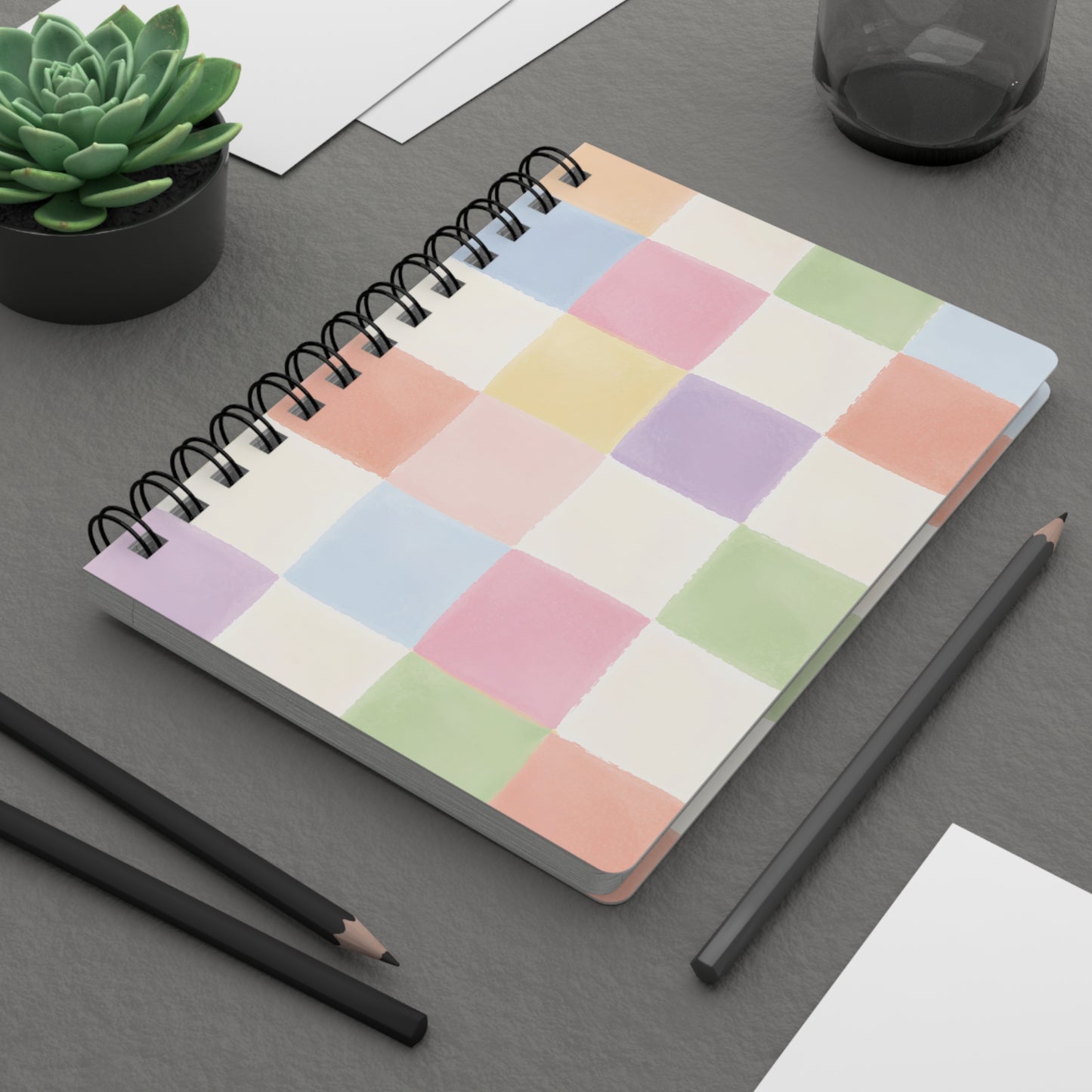 Pastel Checkered Spiral Journal - Watercolor Grid Notebook for Notes & Planning