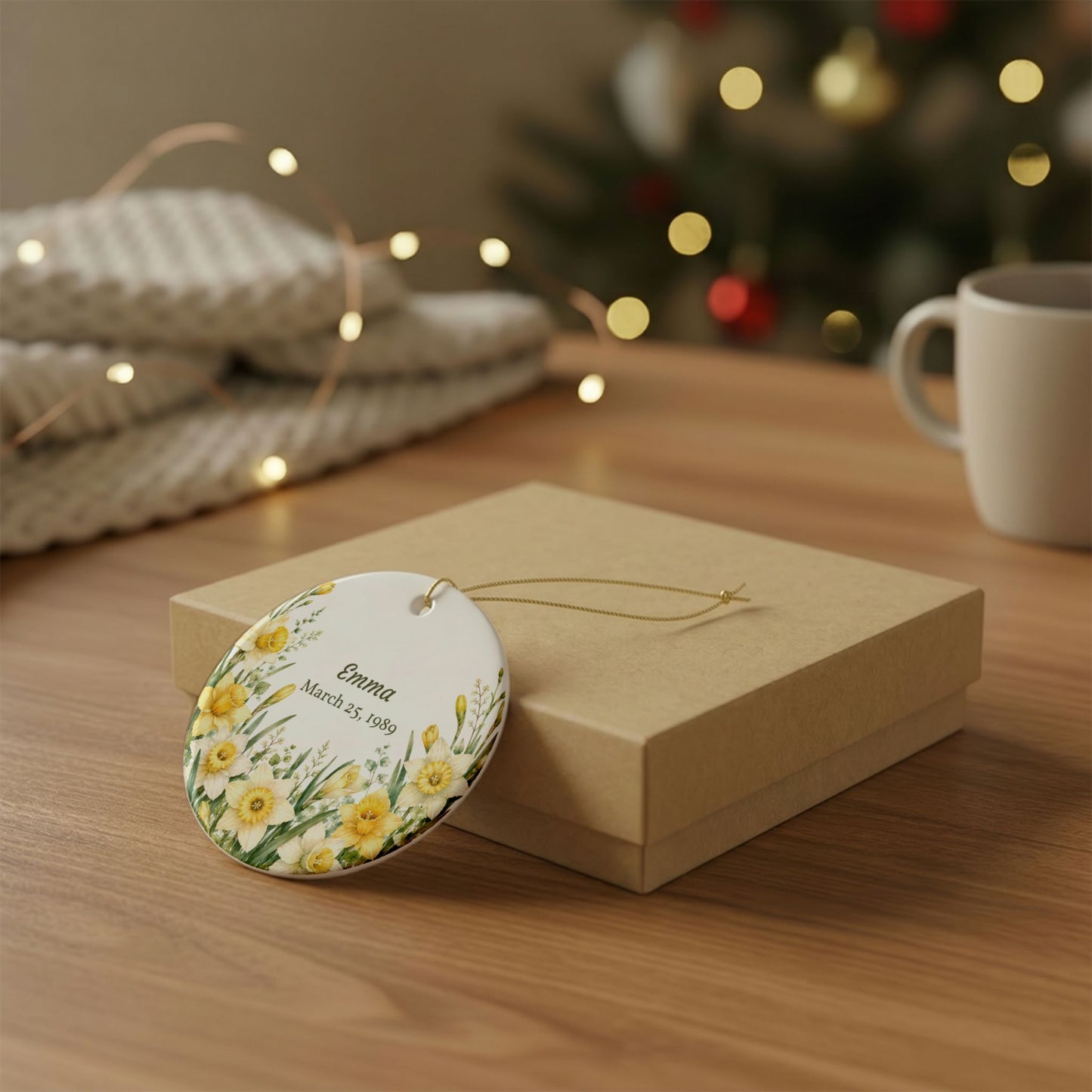 Personalized Daffodil Floral Ceramic Ornament — Name & Date Memorial Gift