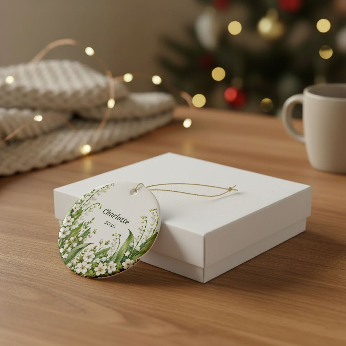 Personalized Lily of the Valley Ceramic Ornament — Custom Name & Year (e.g., Charlotte 2026)
