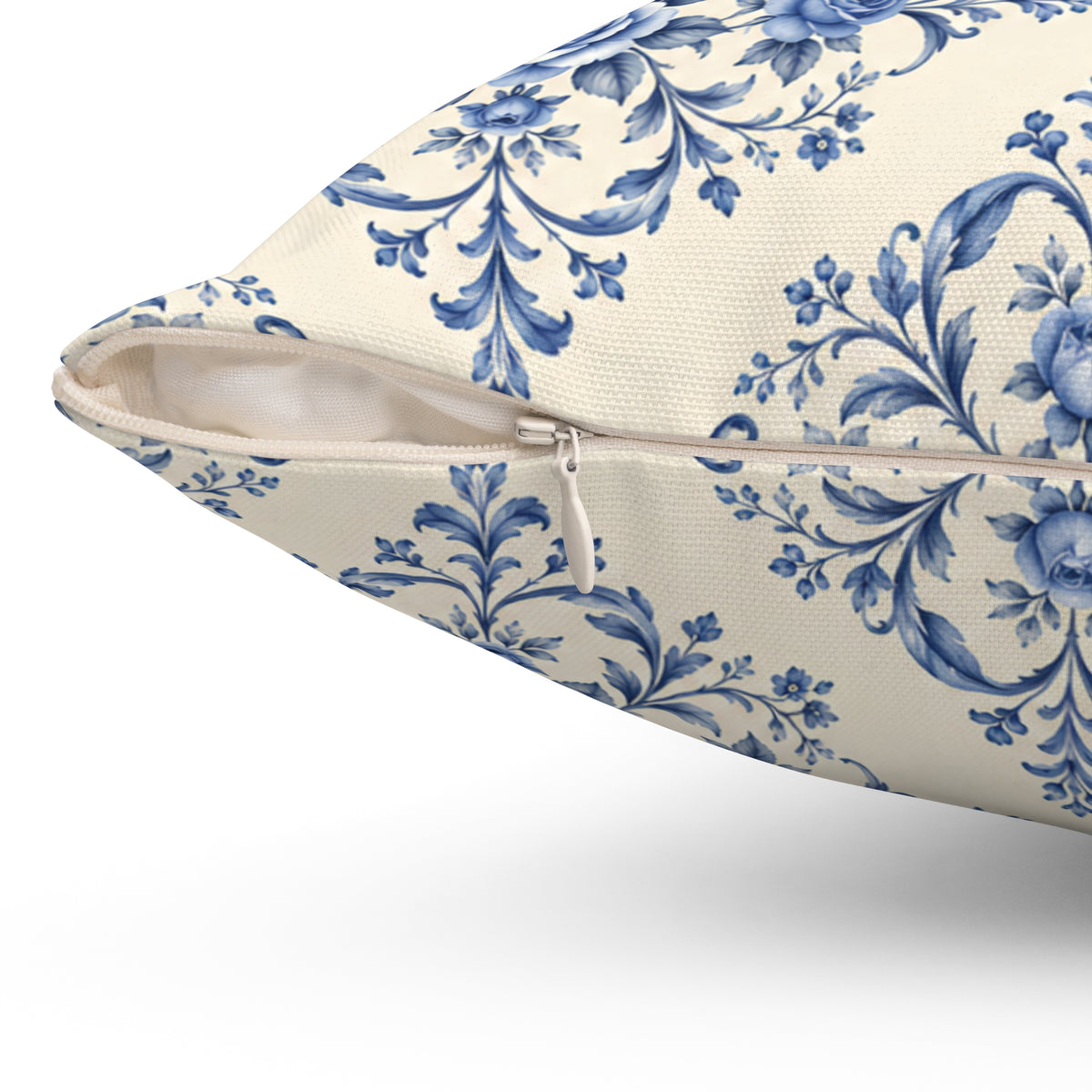 Blue Delft Floral Throw Pillow — Vintage Damask Square Accent Pillow