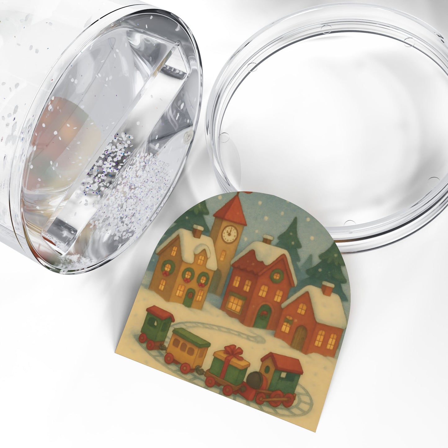 Holiday Village & Toy Train Snow Globe – Festive Town Scene with Two-Sided Print