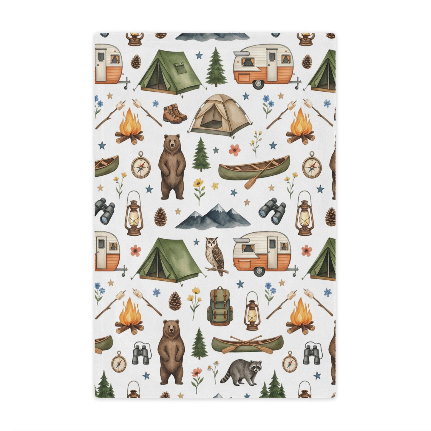 Camping Pattern Minky Blanket — Cozy Outdoor Adventure Throw with Tents, Campfire & Wildlife