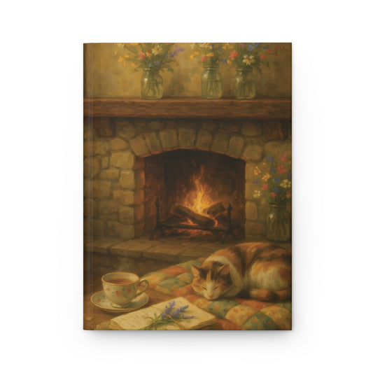 Cozy Hearth Journal – Cat, Fireplace & Tea Hardcover Notebook