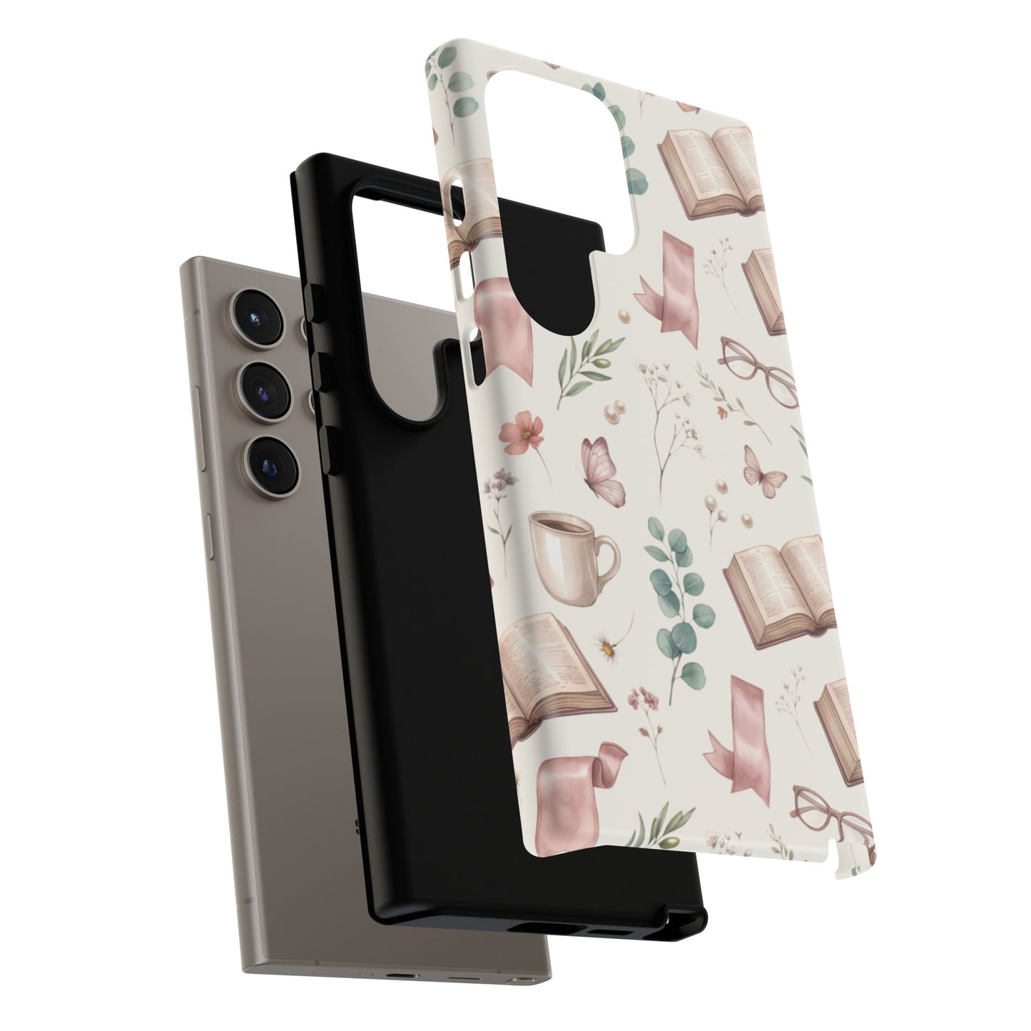 Bookish Floral Phone Case — Cozy Reading Pattern with Open Books, Glasses & Coffee
