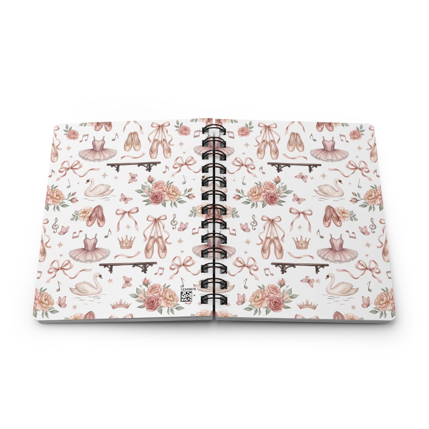 Ballet Dance Spiral Notebook — Cute Pink Tutu, Pointe Shoes & Swan Pattern Journal