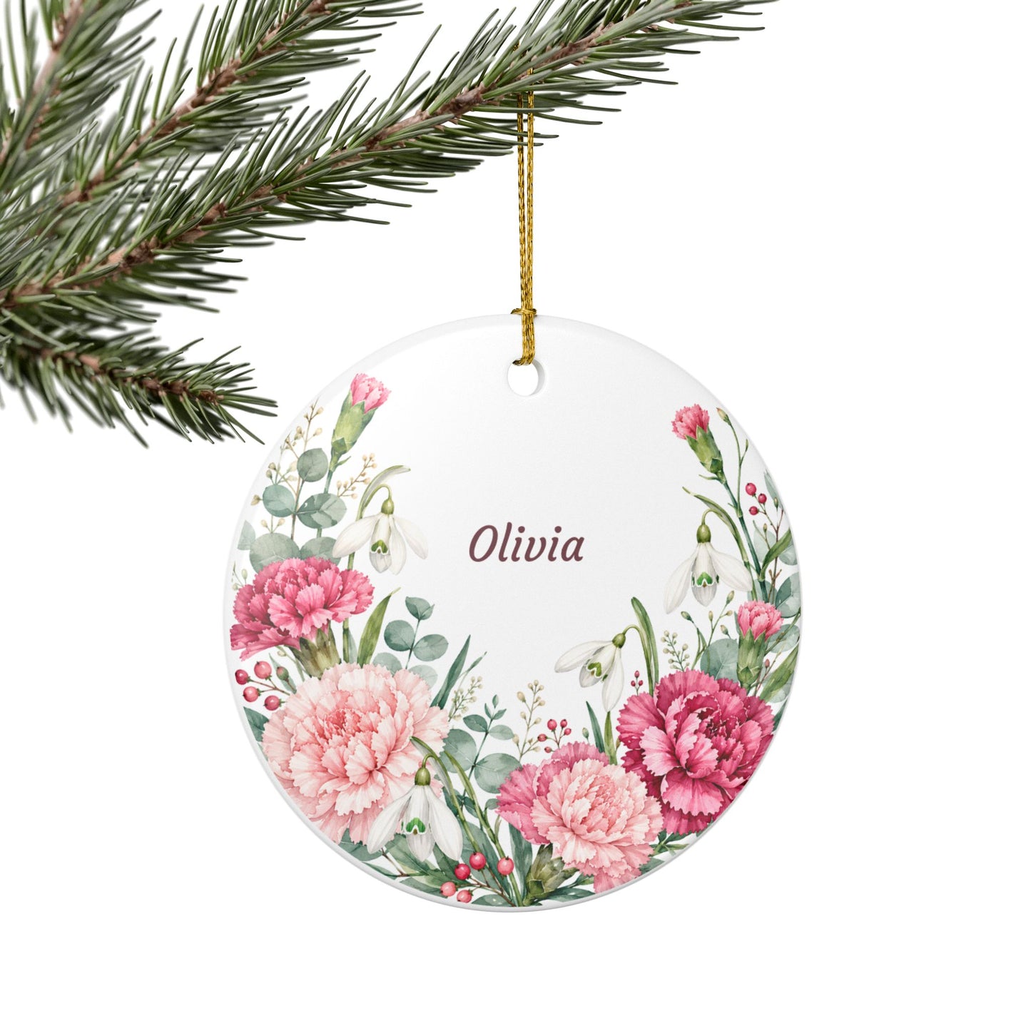 Personalized Floral Ornament - Custom Name Ceramic Holiday Decoration