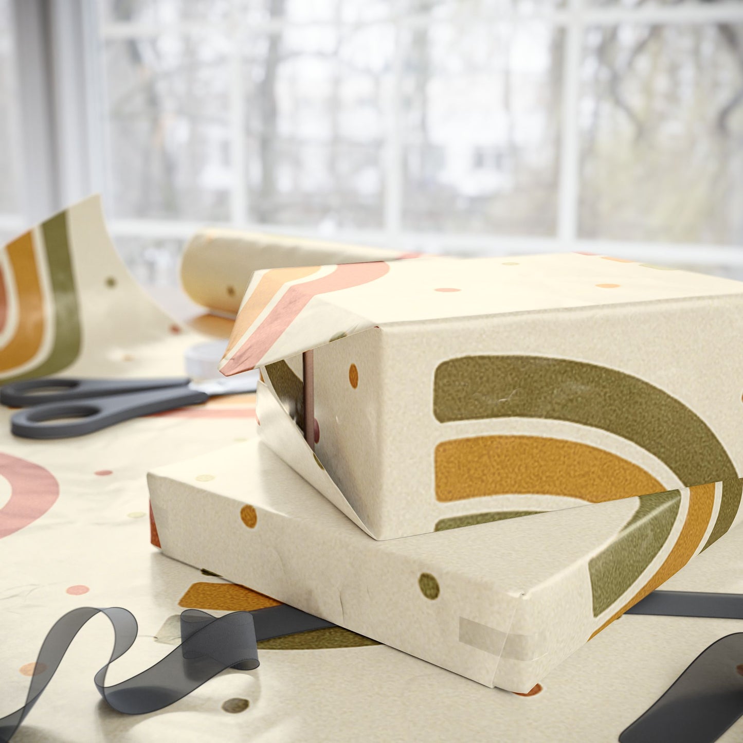 Boho Rainbow Wrapping Paper – Earth Tone Arches & Dots on Neutral Background