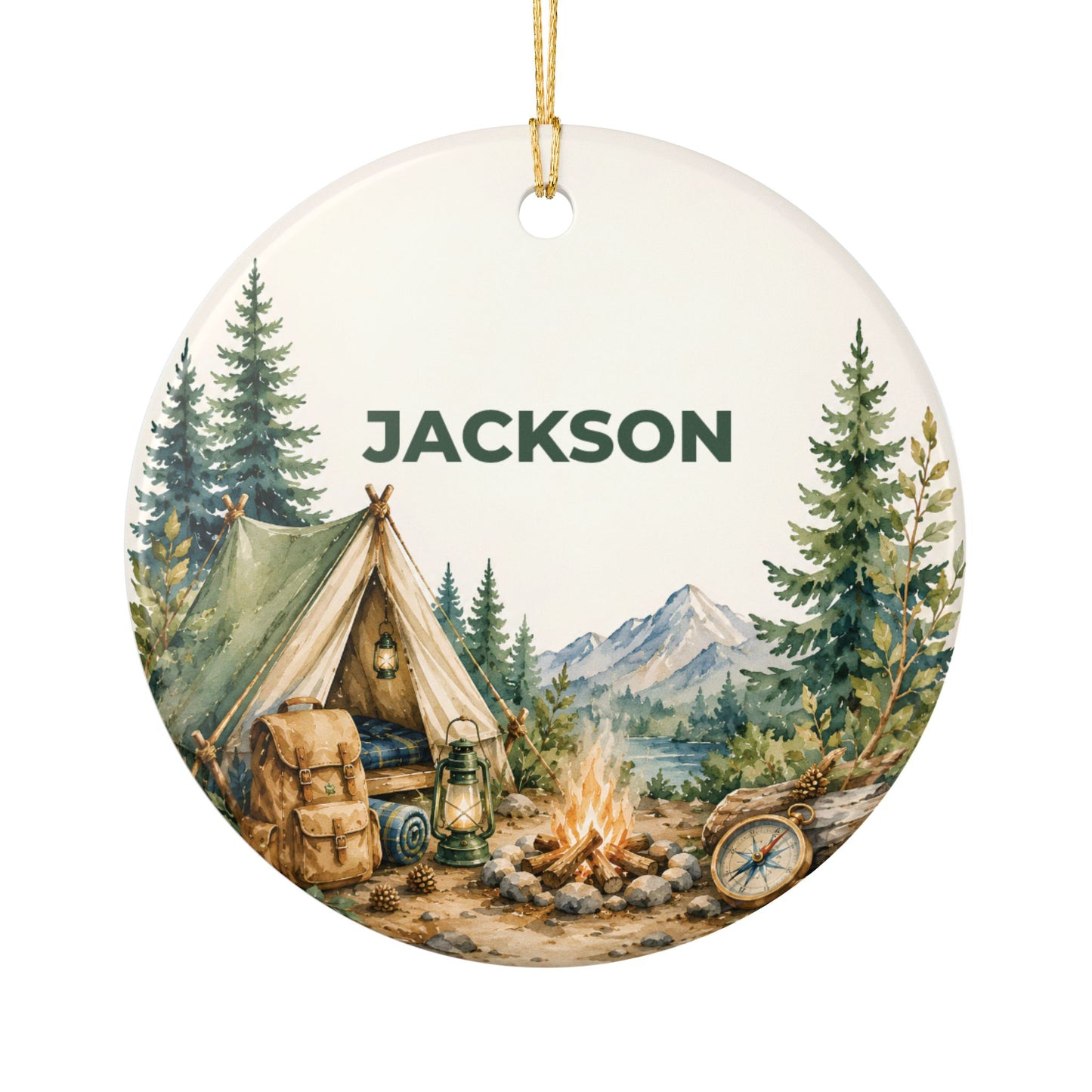 Personalized Camping Ornament — Custom Name Ceramic Holiday Decoration (Jackson)