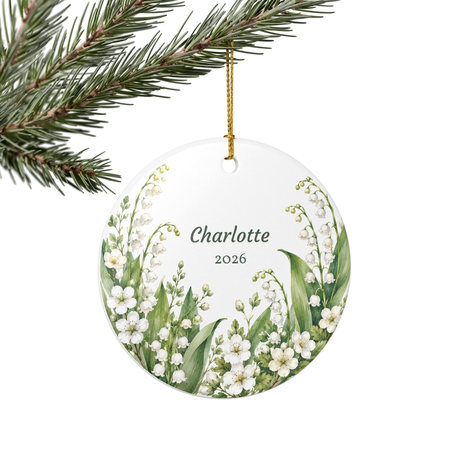Personalized Lily of the Valley Ceramic Ornament — Custom Name & Year (e.g., Charlotte 2026)