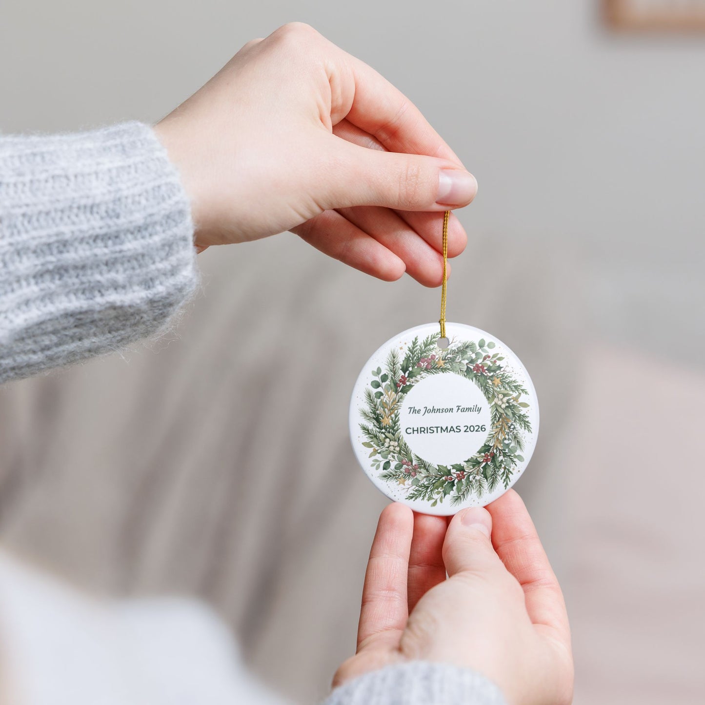 Personalized Christmas Wreath Ceramic Ornament - 'The Johnson Family CHRISTMAS'