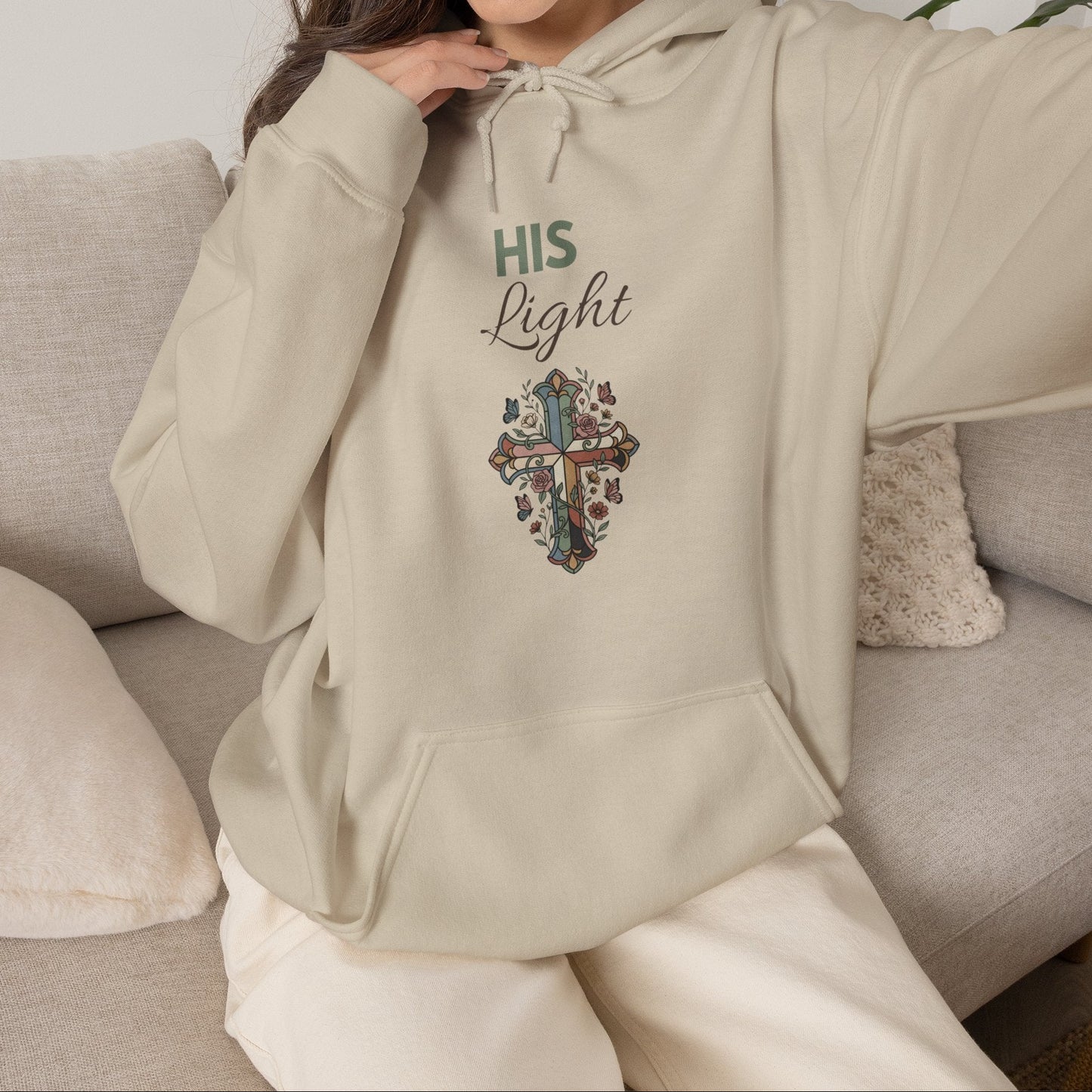 His Light Cross Hoodie — Christian Faith Floral Cross Pullover