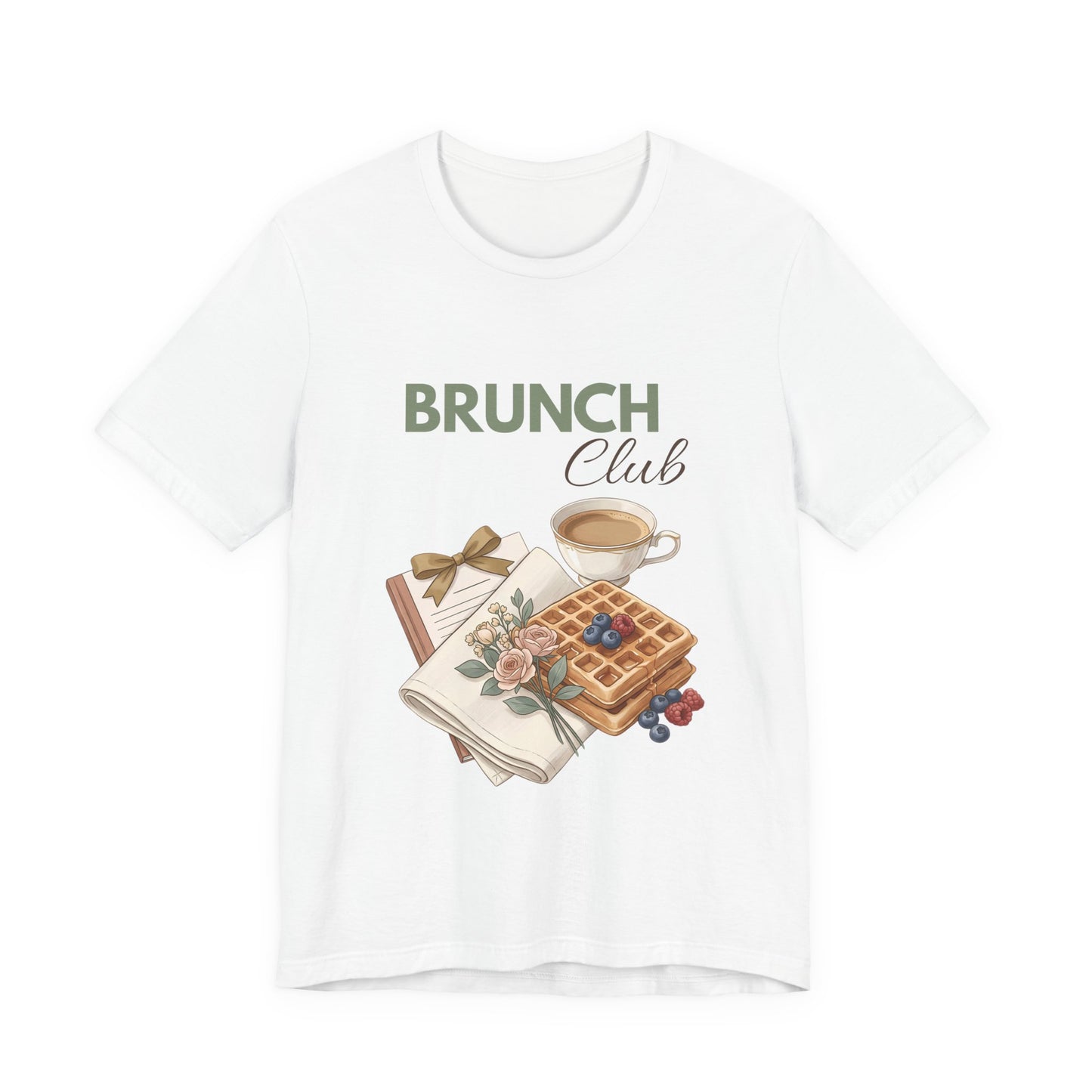 A white t-shirt with 'BRUNCH Club' on the front.