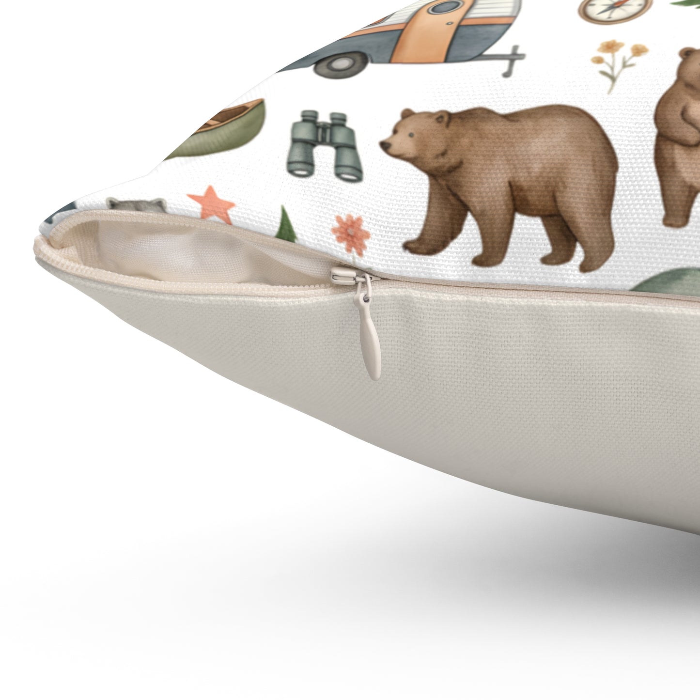 Camping Pattern Square Pillow — Bear, Tent & Camper Decorative Throw Pillow