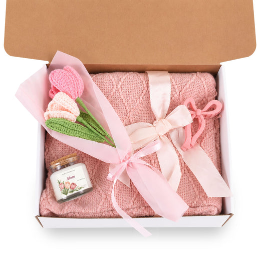 Blush & Bloom Gift Set — Personalized Candle, Pink Throw, Crochet Bouquet & Bow Clip