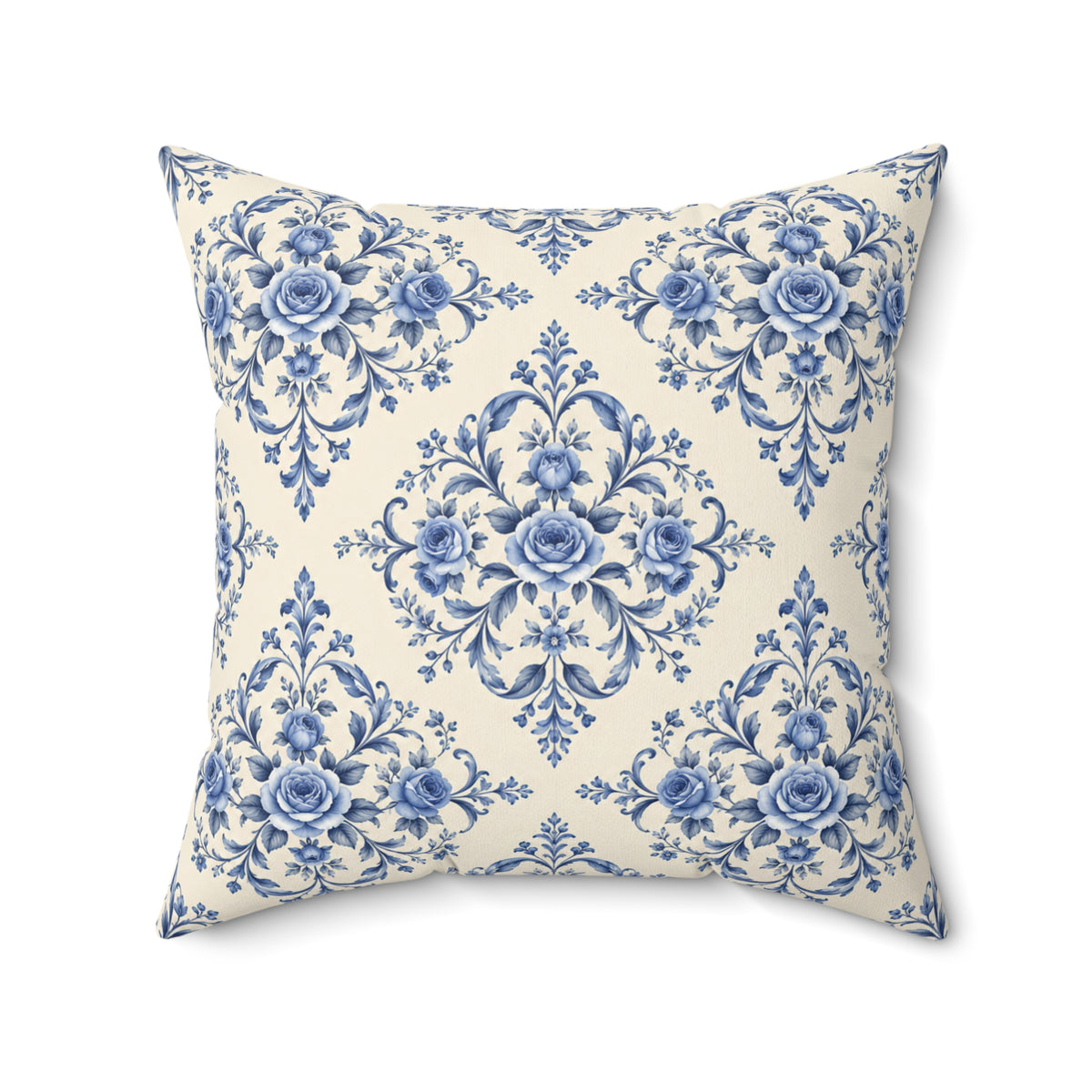 Blue Delft Floral Throw Pillow — Vintage Damask Square Accent Pillow