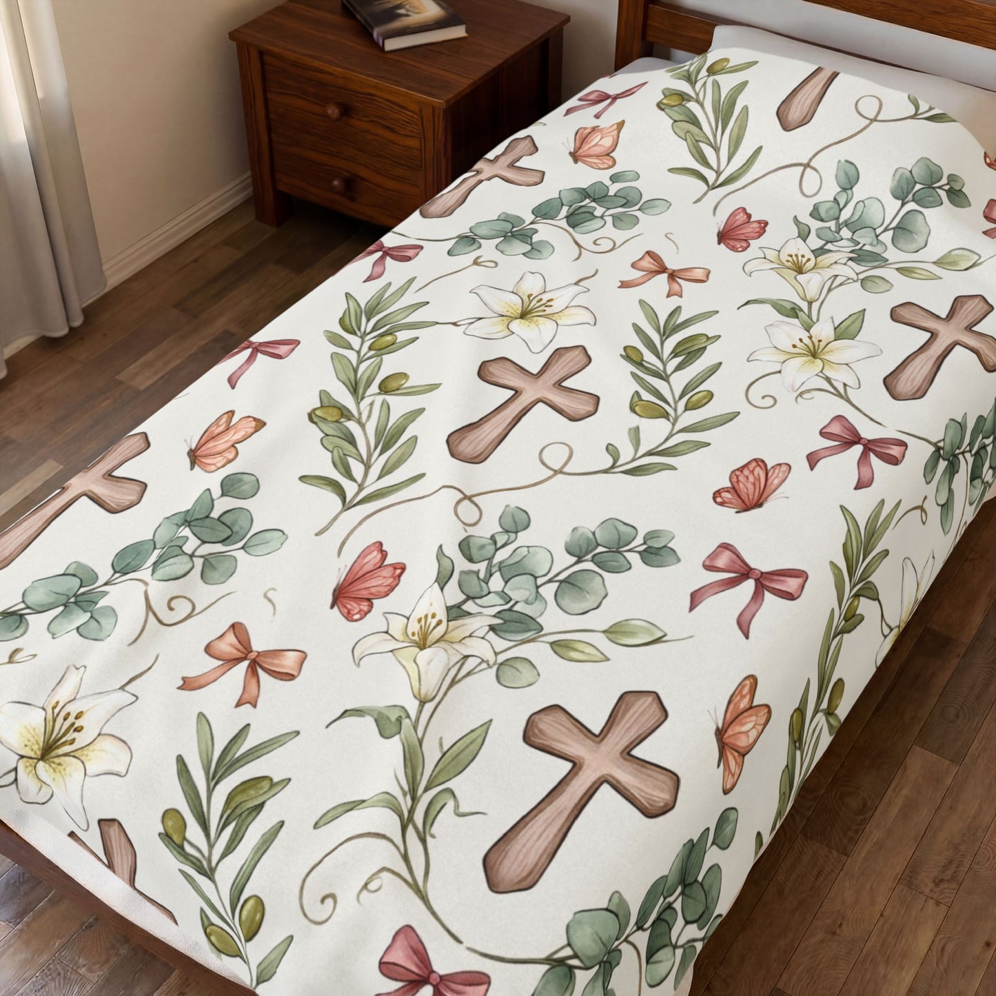 Religious Floral Cross Velveteen Plush Blanket — Soft Christian Comfort Throw