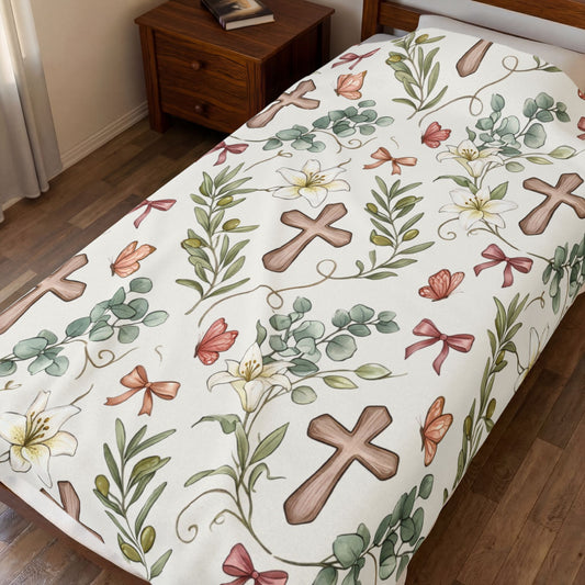 Religious Floral Cross Velveteen Plush Blanket — Soft Christian Comfort Throw