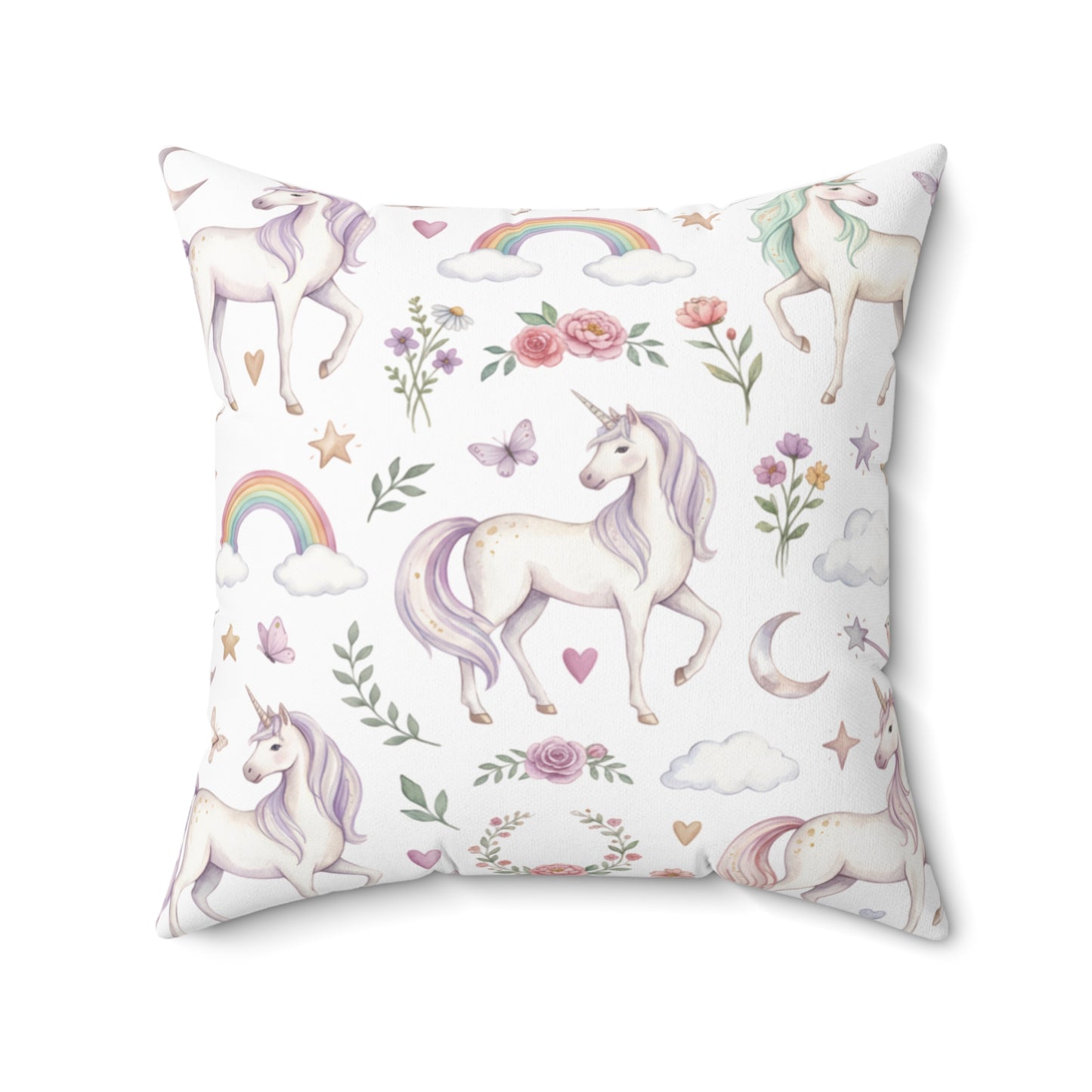 Unicorn Pattern Polyester Pillow — Pastel Rainbows & Floral Square Cushion