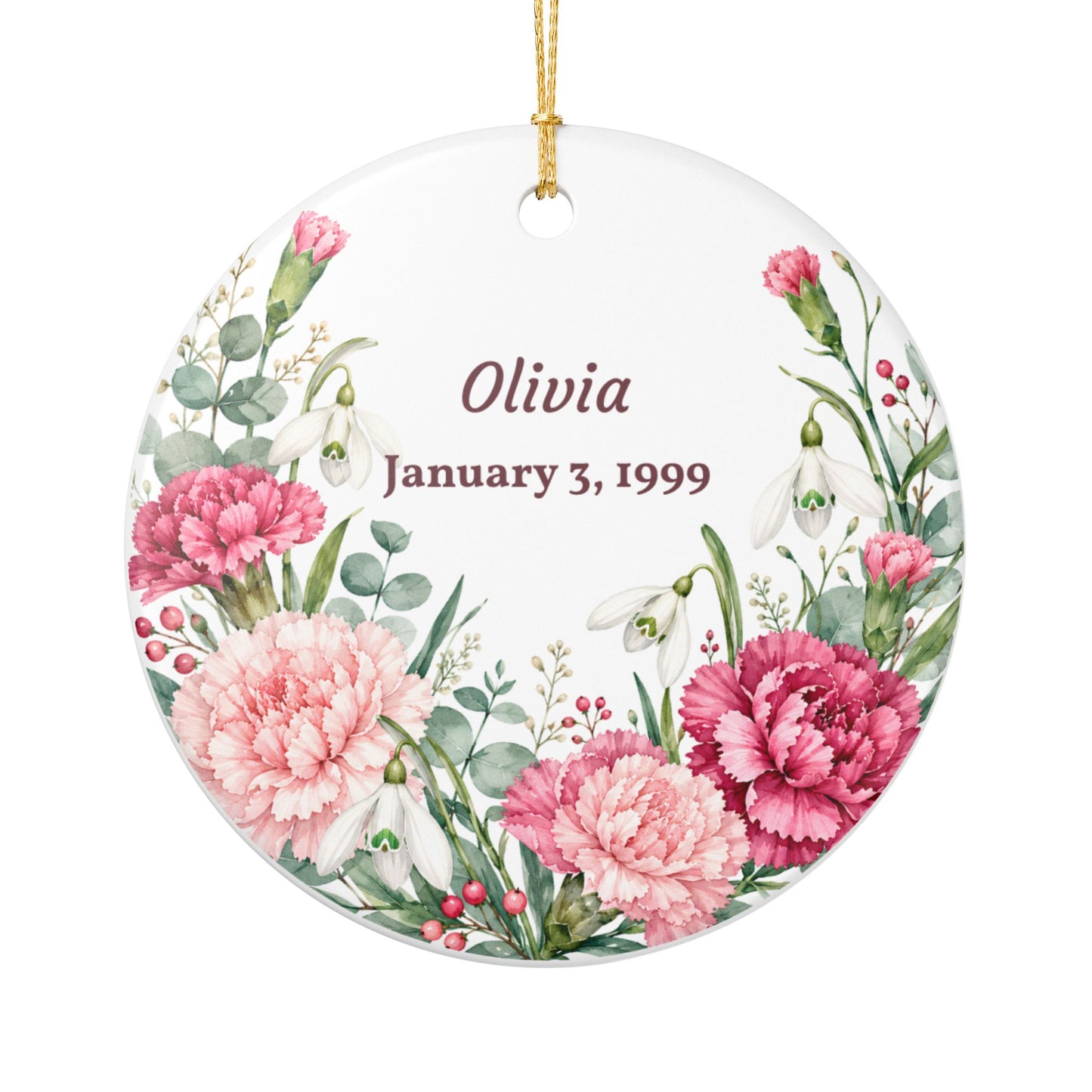 Personalized Floral Name Ornament — Custom Name & Date Ceramic Decoration