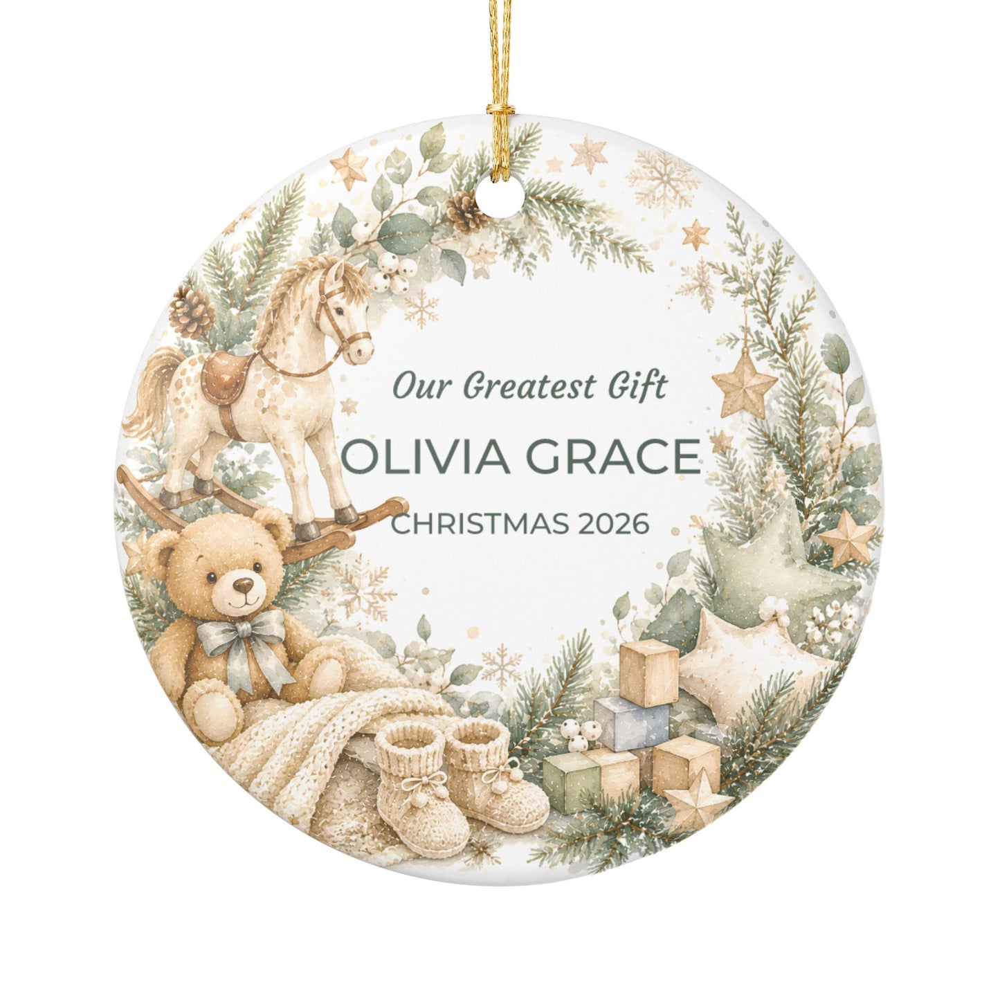 Personalized Baby’s First Christmas Ceramic Ornament — “Our Greatest Gift” Name & Year