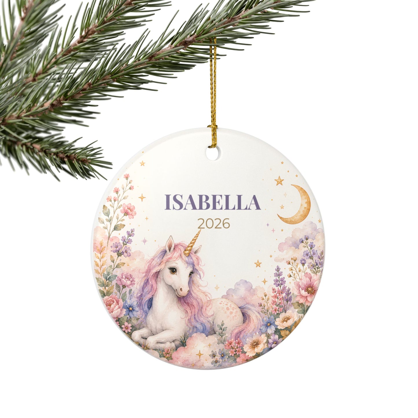 Personalized Unicorn Ceramic Ornament — Custom Name & Year (e.g., ISABELLA 2026)