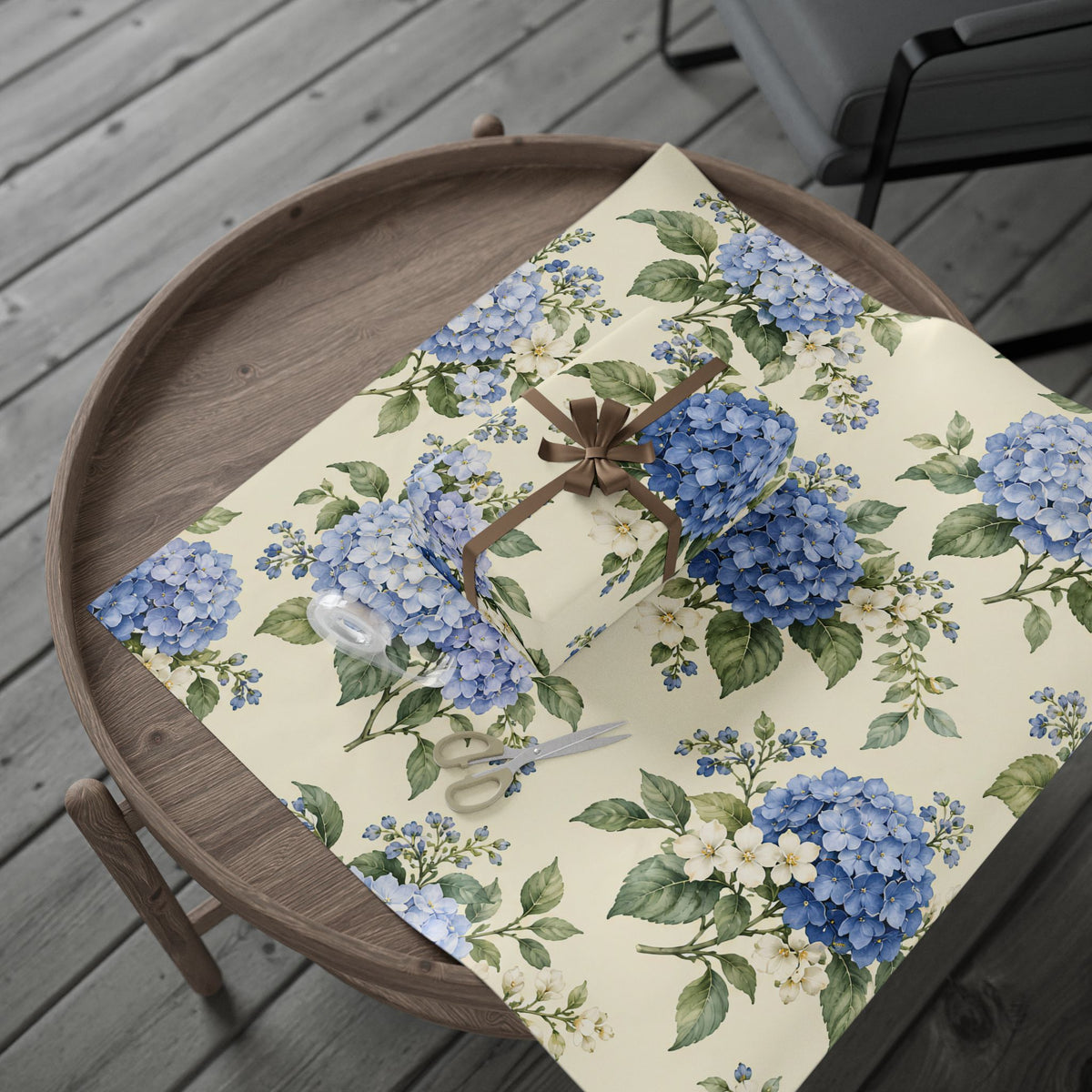 Floral Hydrangea Wrapping Paper Roll — Blue Vintage Flower Gift Wrap