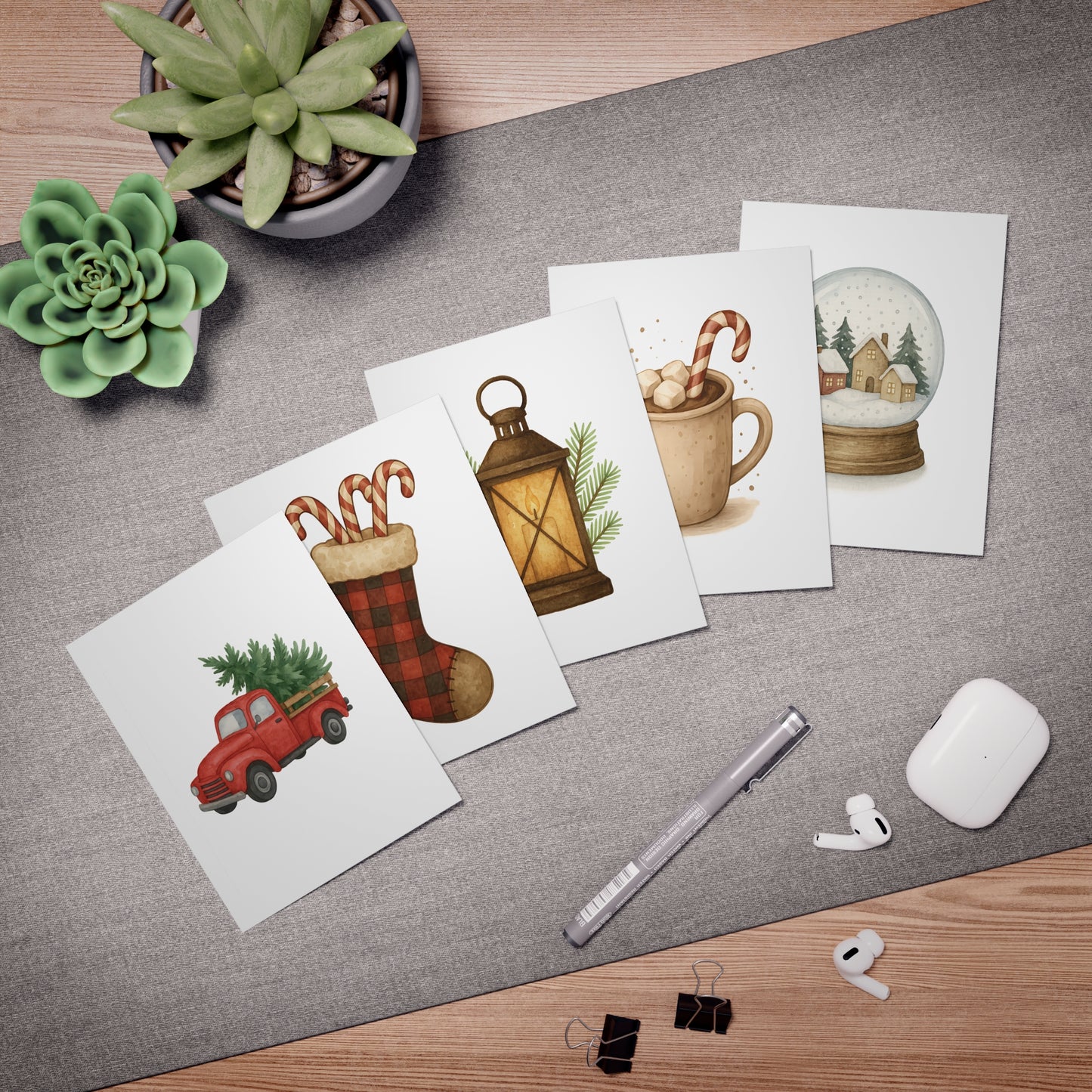 Rustic Christmas Greeting Card Set – 5 Blank Holiday Cards with Envelopes