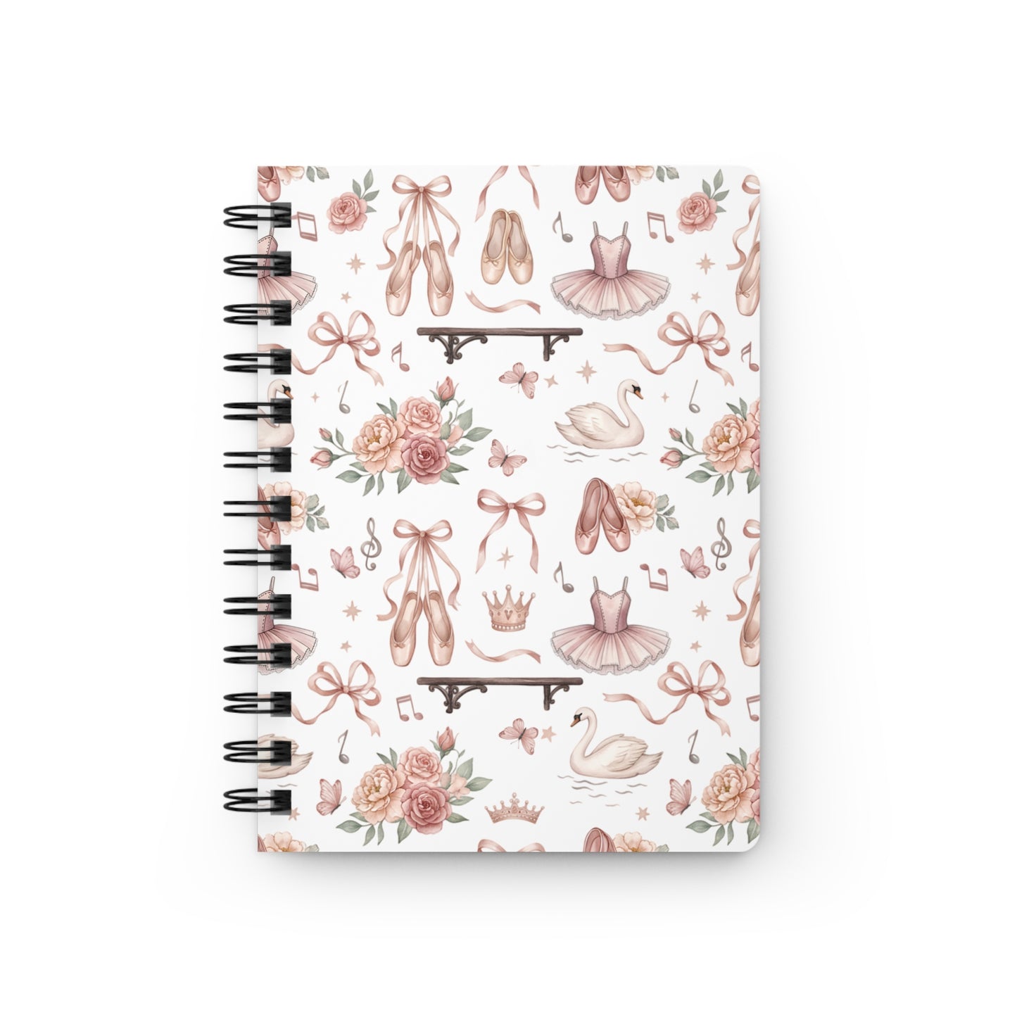 Ballet Dance Spiral Notebook — Cute Pink Tutu, Pointe Shoes & Swan Pattern Journal