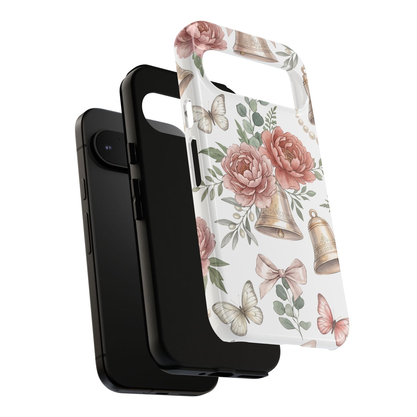 Floral Wedding Bells Phone Case — Vintage Roses, Butterflies & Bow Protective Tough Case